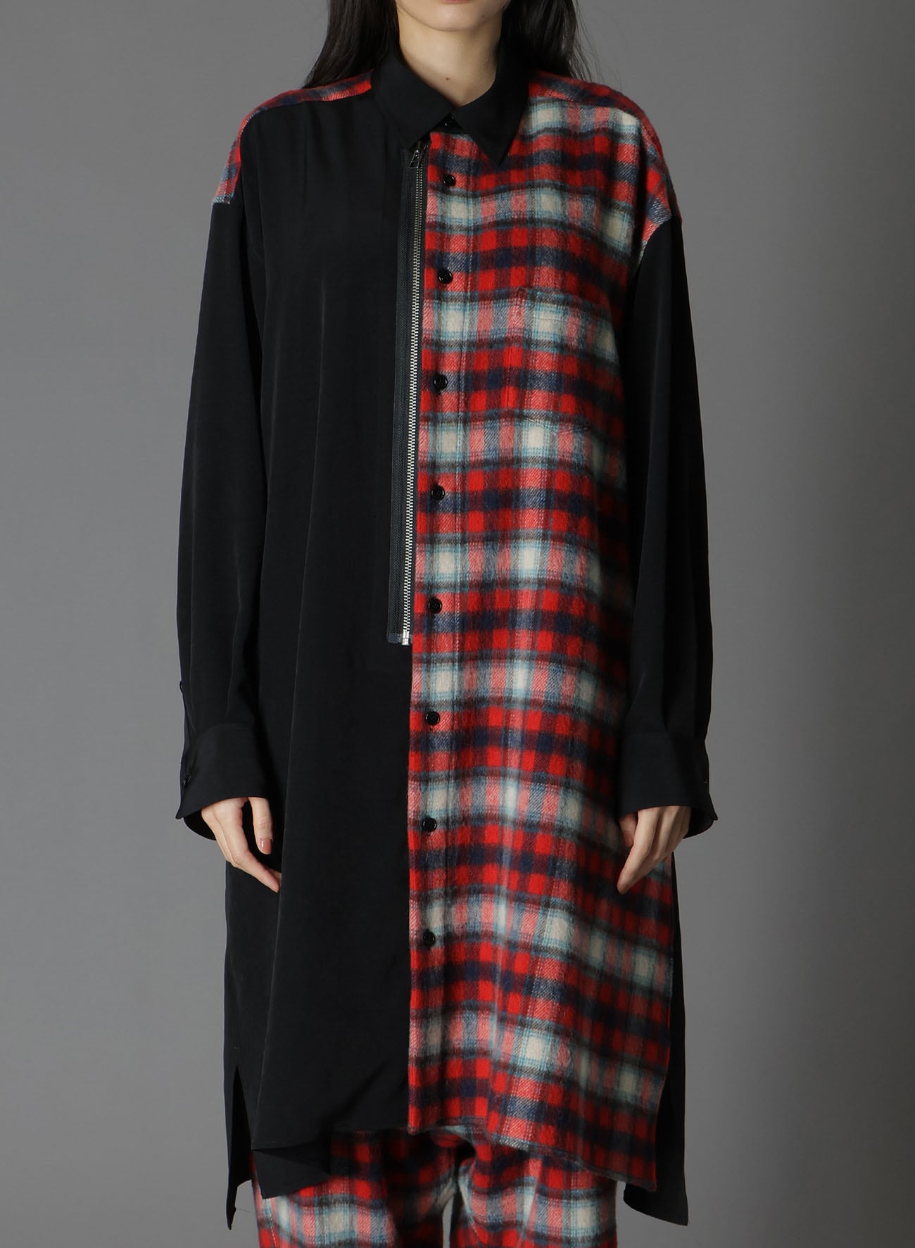 DE CHINE+CHECKED SHAGGY WOOL FRONT ZIPPER SHIRT