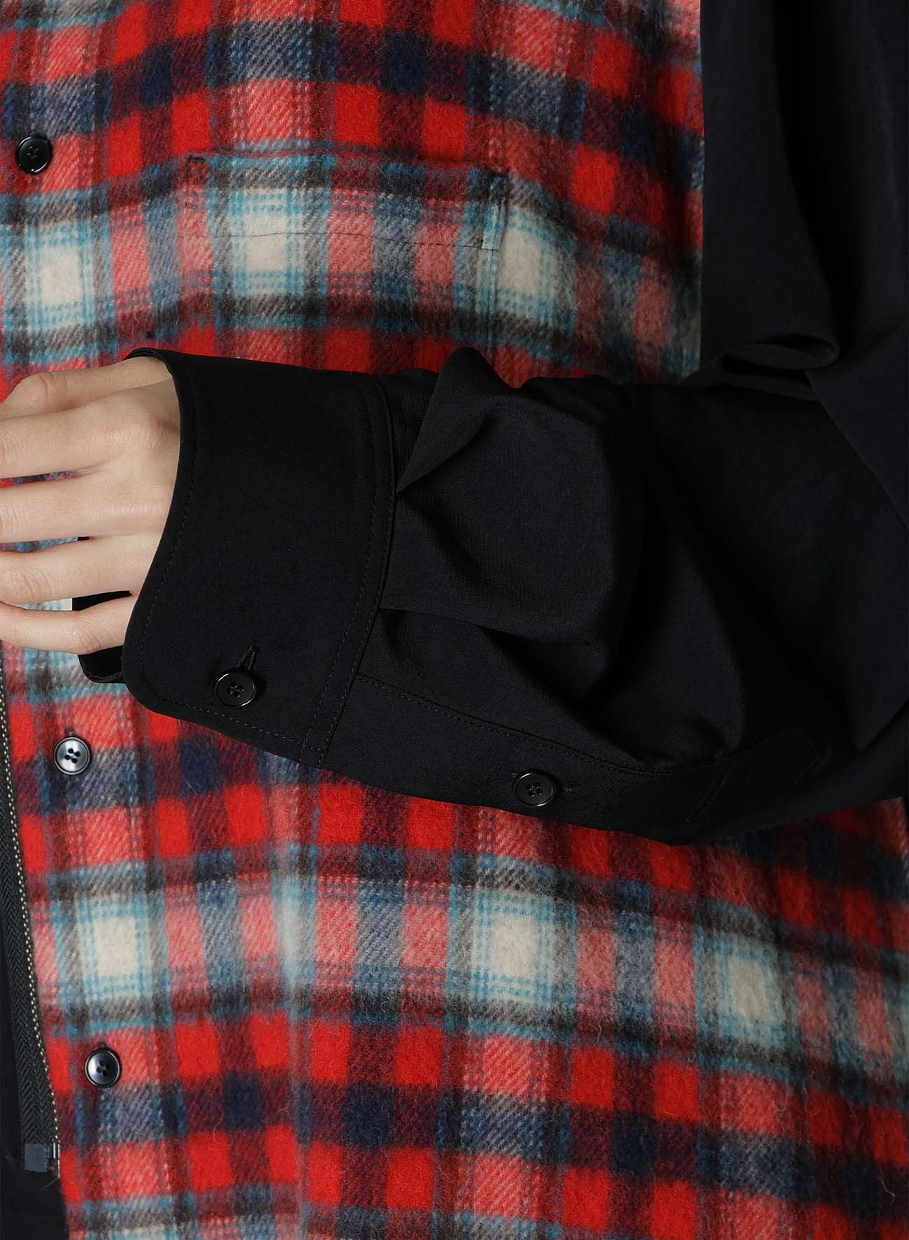 DE CHINE+CHECKED SHAGGY WOOL FRONT ZIPPER SHIRT