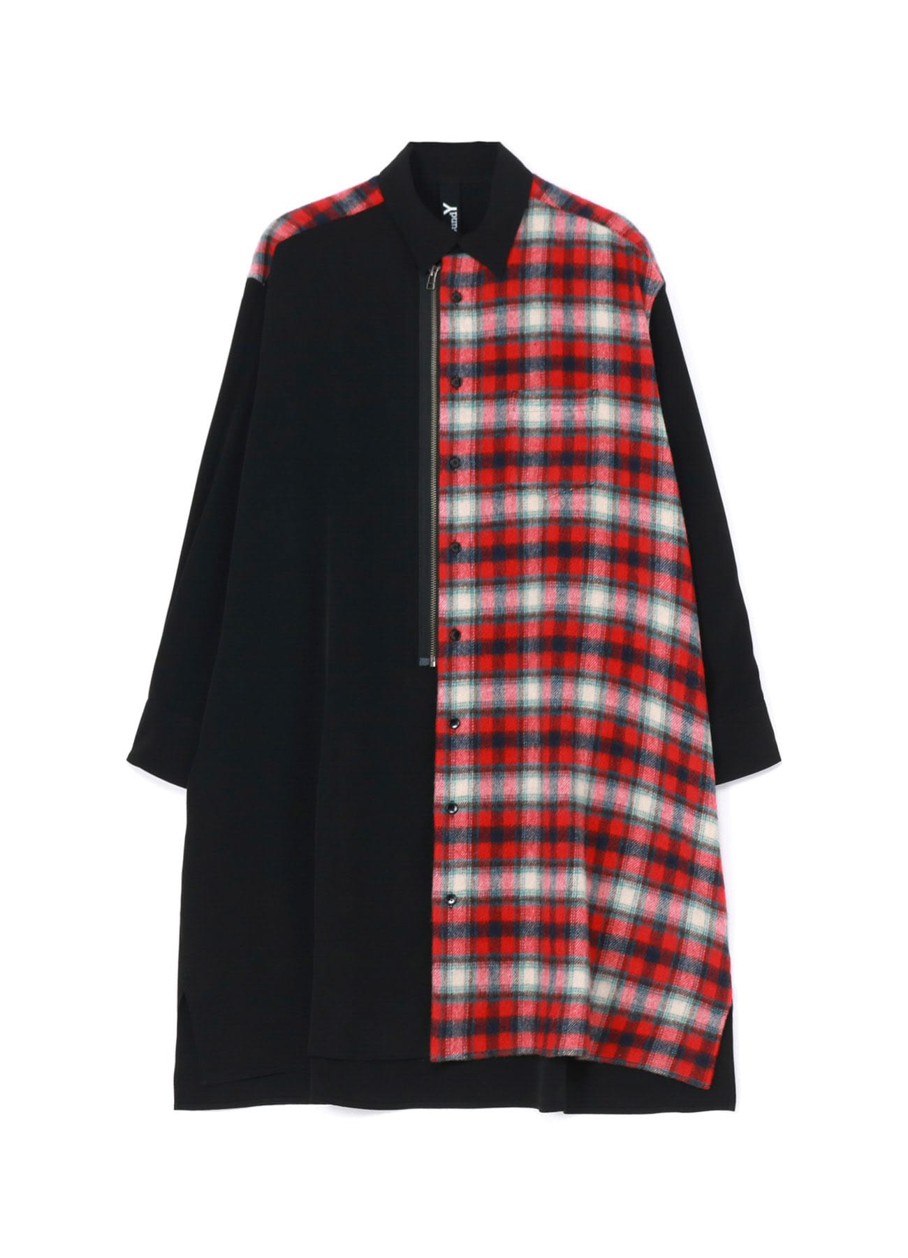 DE CHINE+CHECKED SHAGGY WOOL FRONT ZIPPER SHIRT