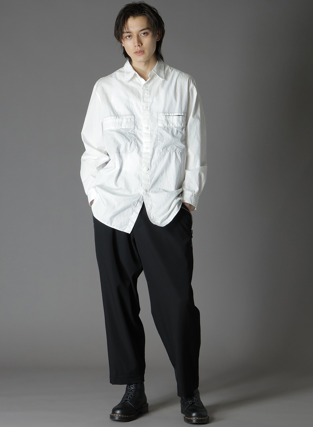 COTTON BROAD SHIRT WITH FULLED WOOL GAUZE POCKETS