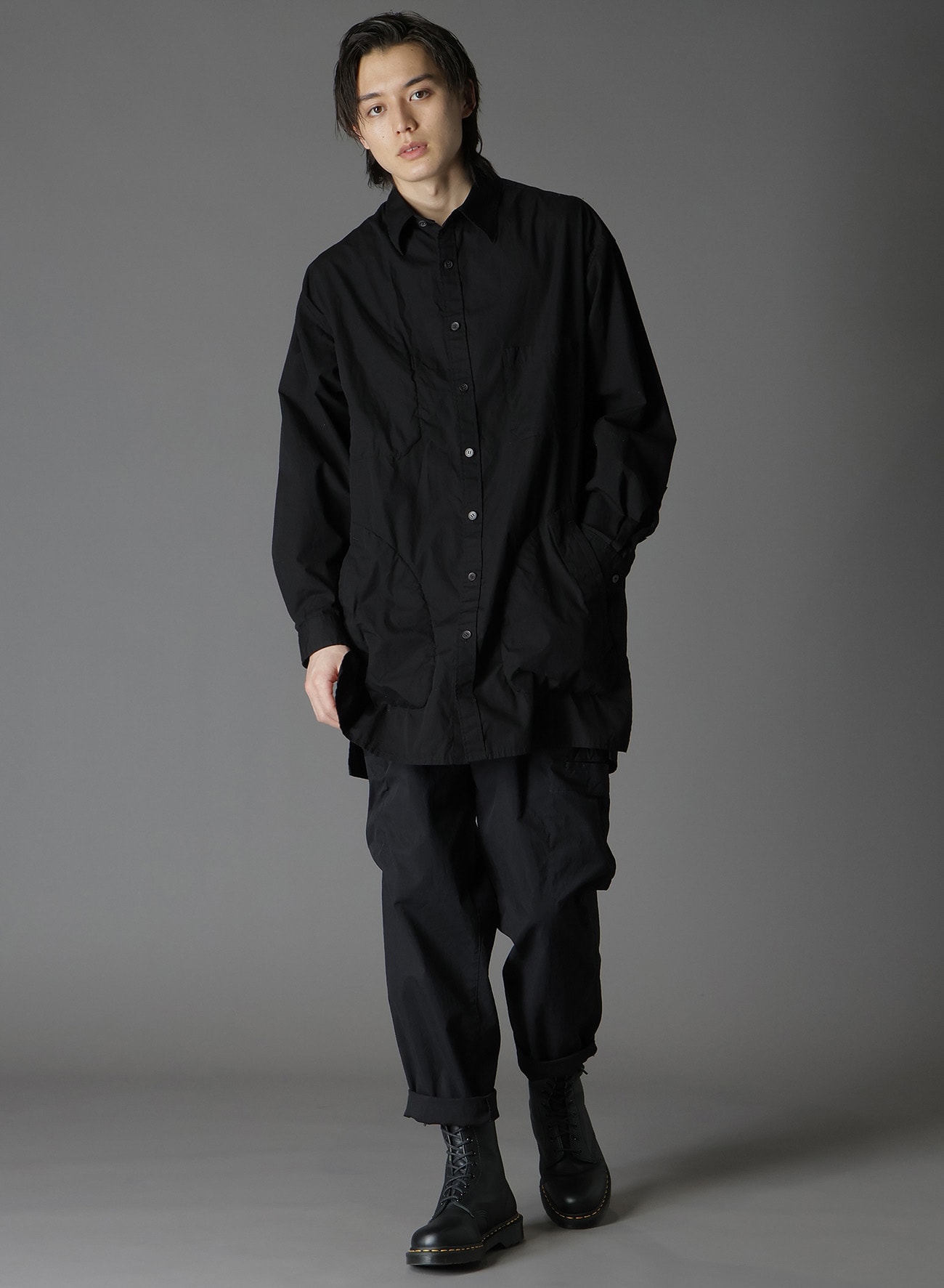 COTTON BROAD LONG SHIRT WITH FULLED WOOL GAUZE POCKETS