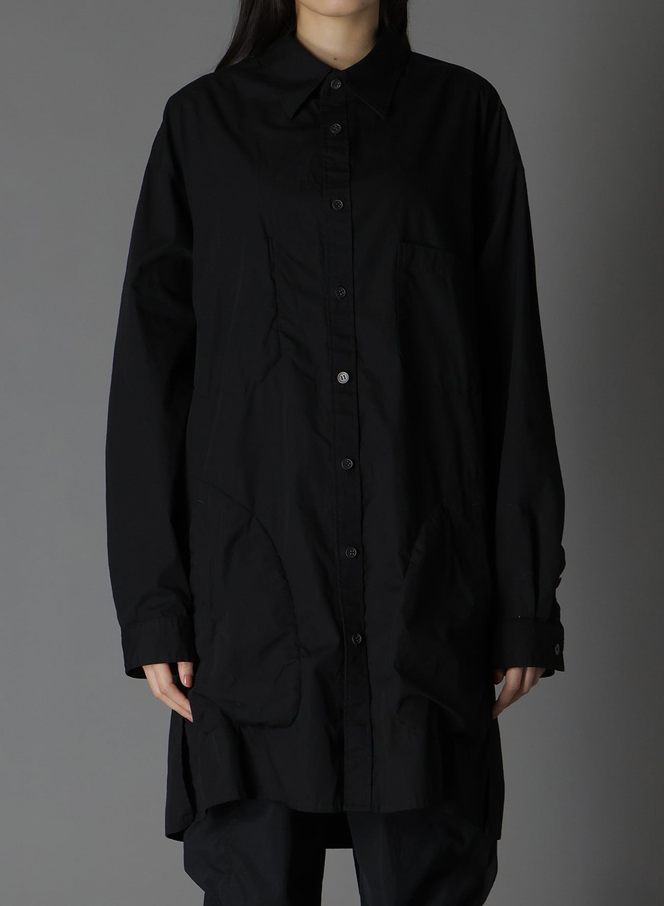 COTTON BROAD LONG SHIRT WITH FULLED WOOL GAUZE POCKETS