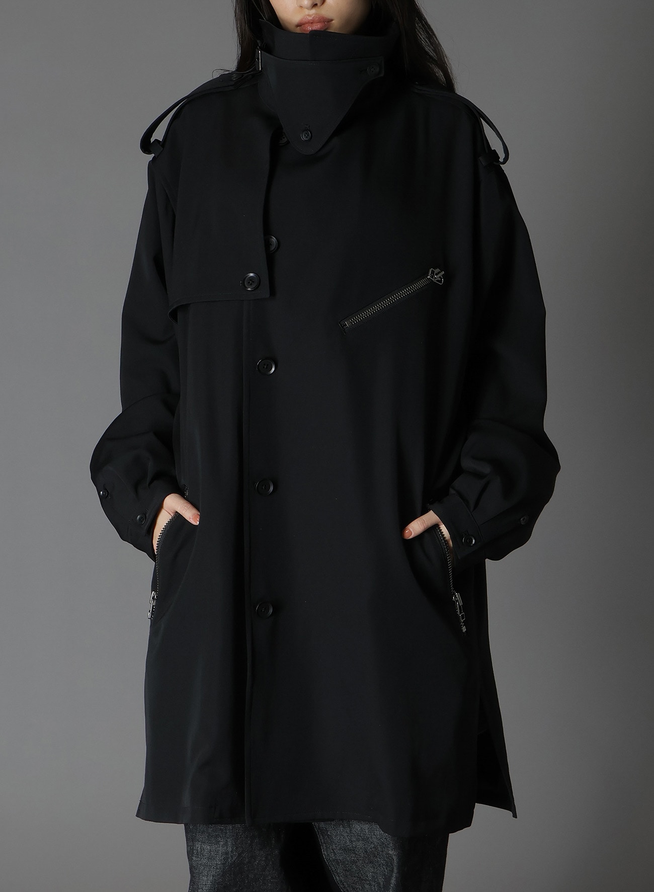 WOOL GABARDINE ZIPPER POCKET TRENCH COAT