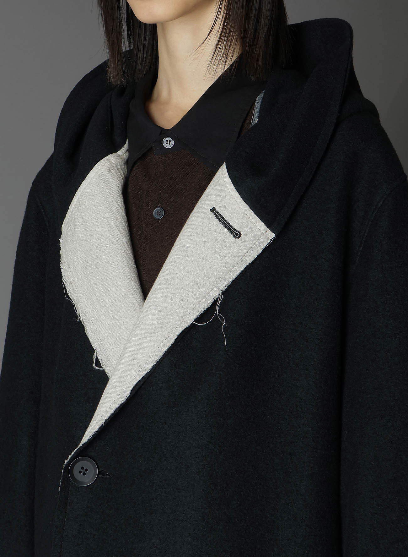 WOOL COMPRESSED BOUCLE TRUNCATED HOOD COAT