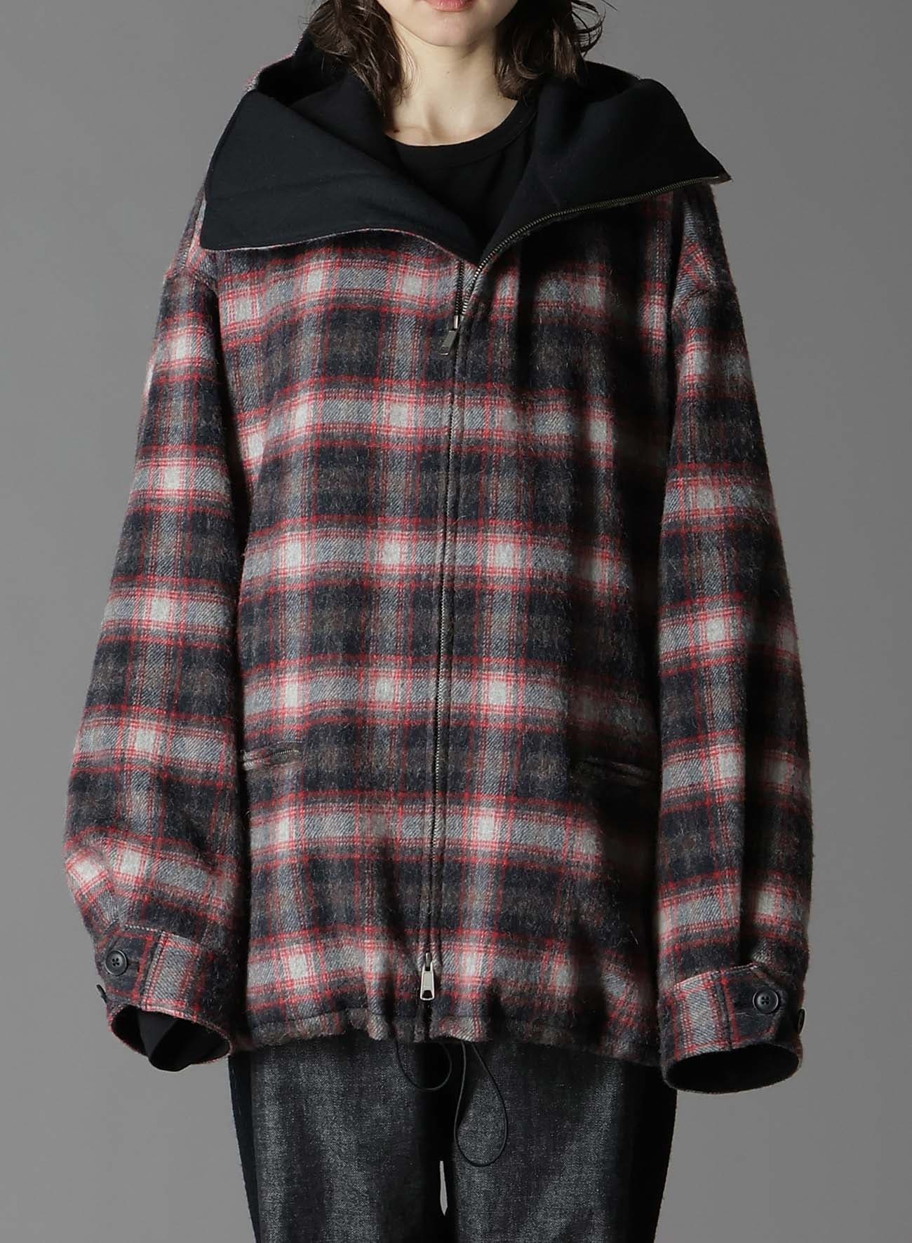 CHECKED SHAGGY WOOL ZIPPER POCKET HOODED BLOUSON