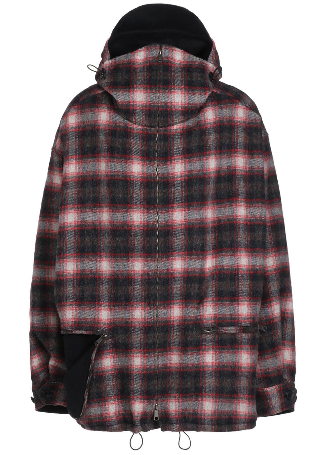 CHECKED SHAGGY WOOL ZIPPER POCKET HOODED BLOUSON