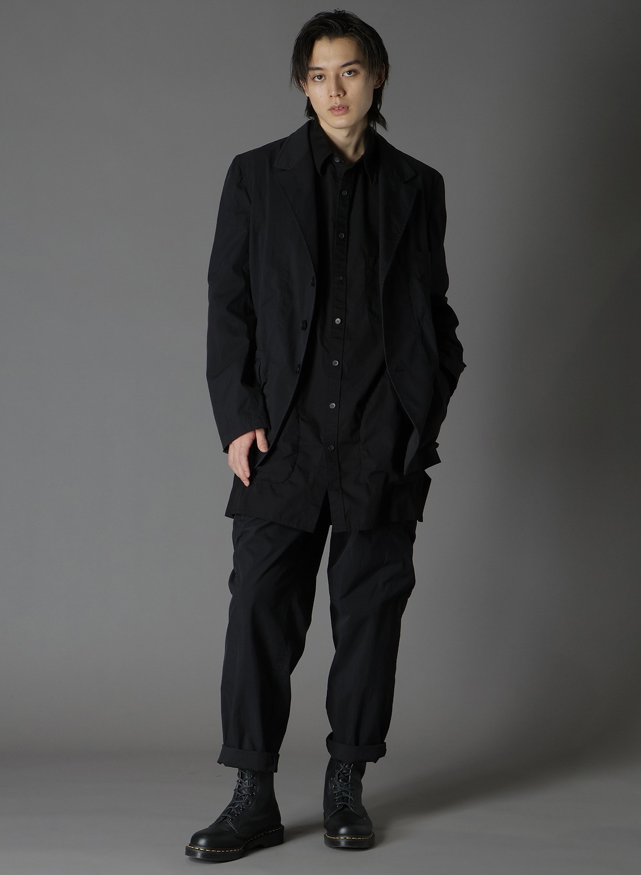 COTTON/NYLON OXFORD LONG JACKET WITH FULLED WOOL GAUZE POCKETS