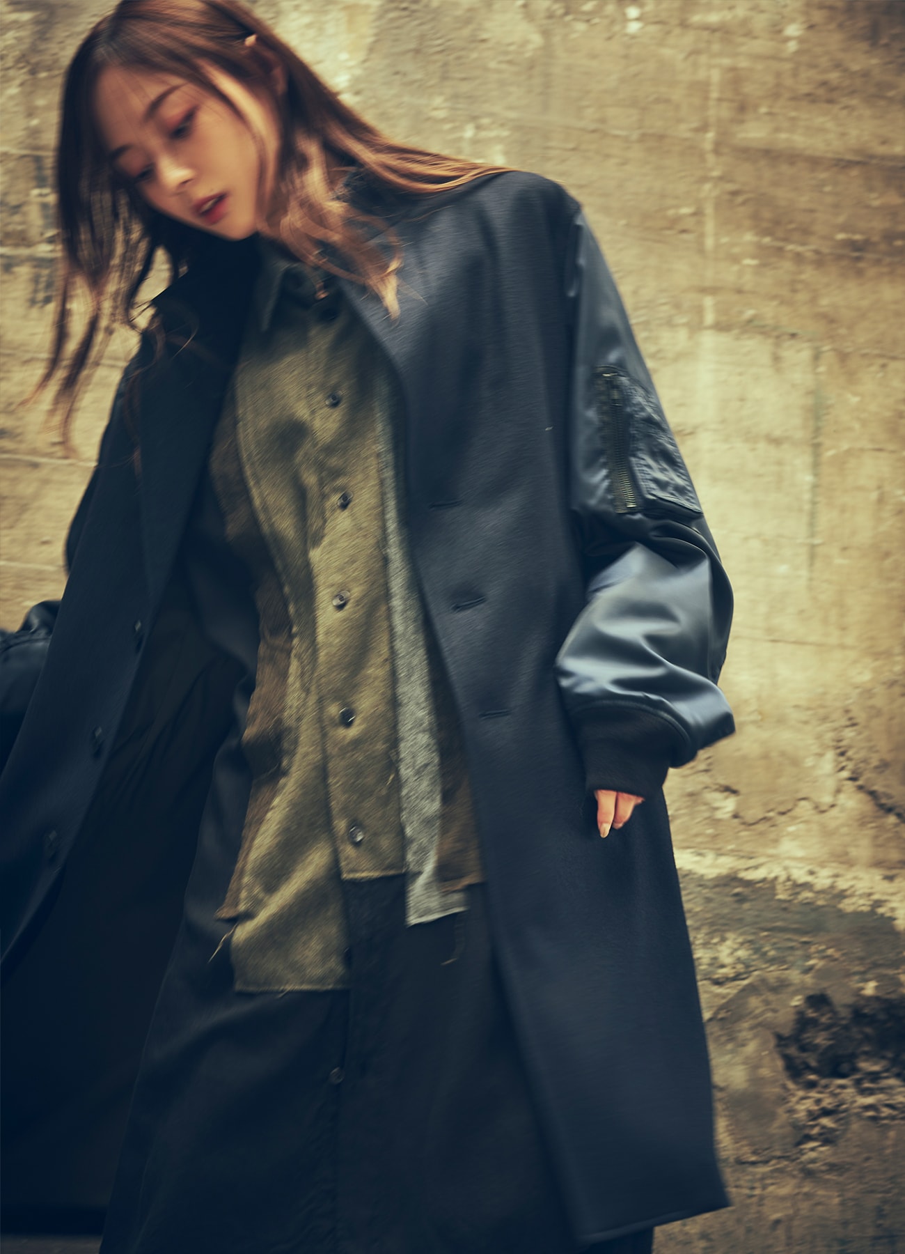 TOP DYED LIGHT FLANNEL+ NYLON TWILL LONG JACKET MA-1 SLEEVE