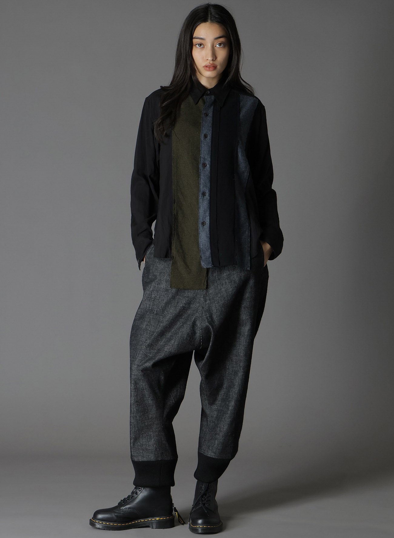 BLACK DENIM +WOOL JERSEY RIBBED HEM PANTS