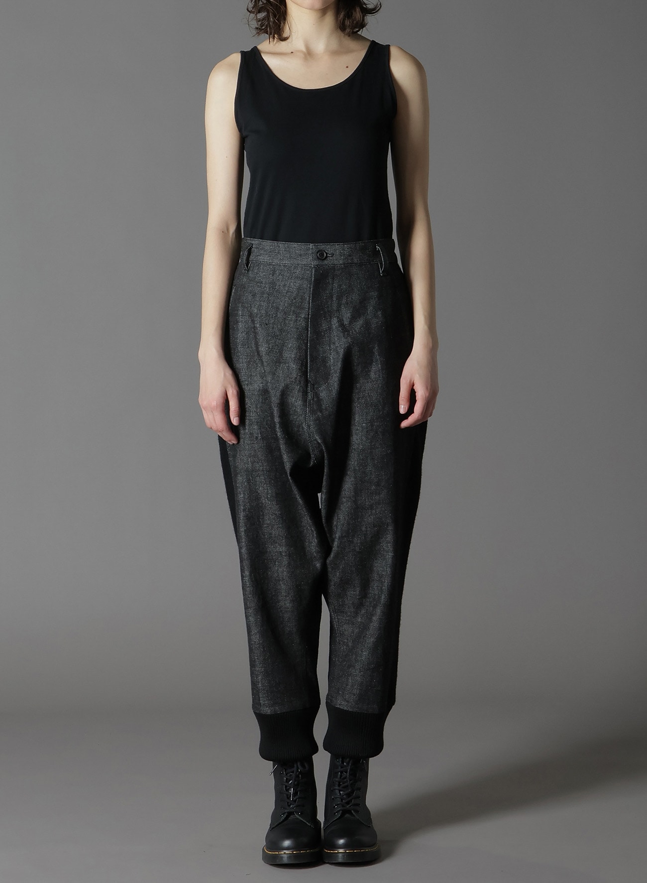 BLACK DENIM +WOOL JERSEY RIBBED HEM PANTS