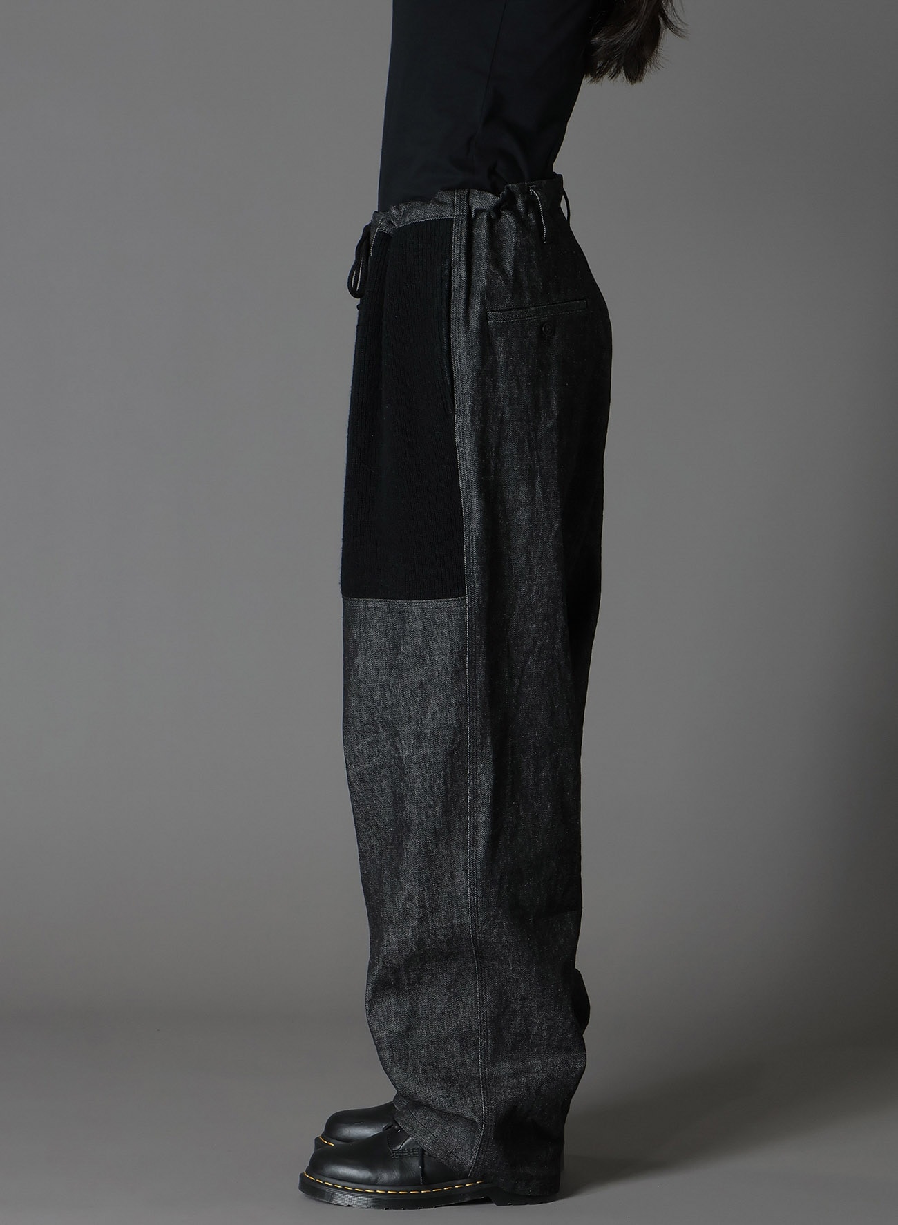 BLACK DENIM +WOOL JERSEY RIB WAIST STRING PANTS