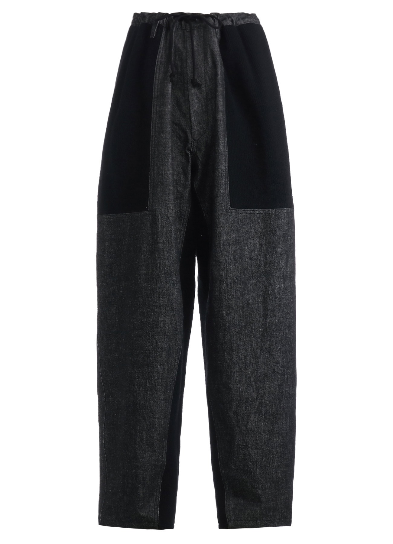 BLACK DENIM +WOOL JERSEY RIB WAIST STRING PANTS