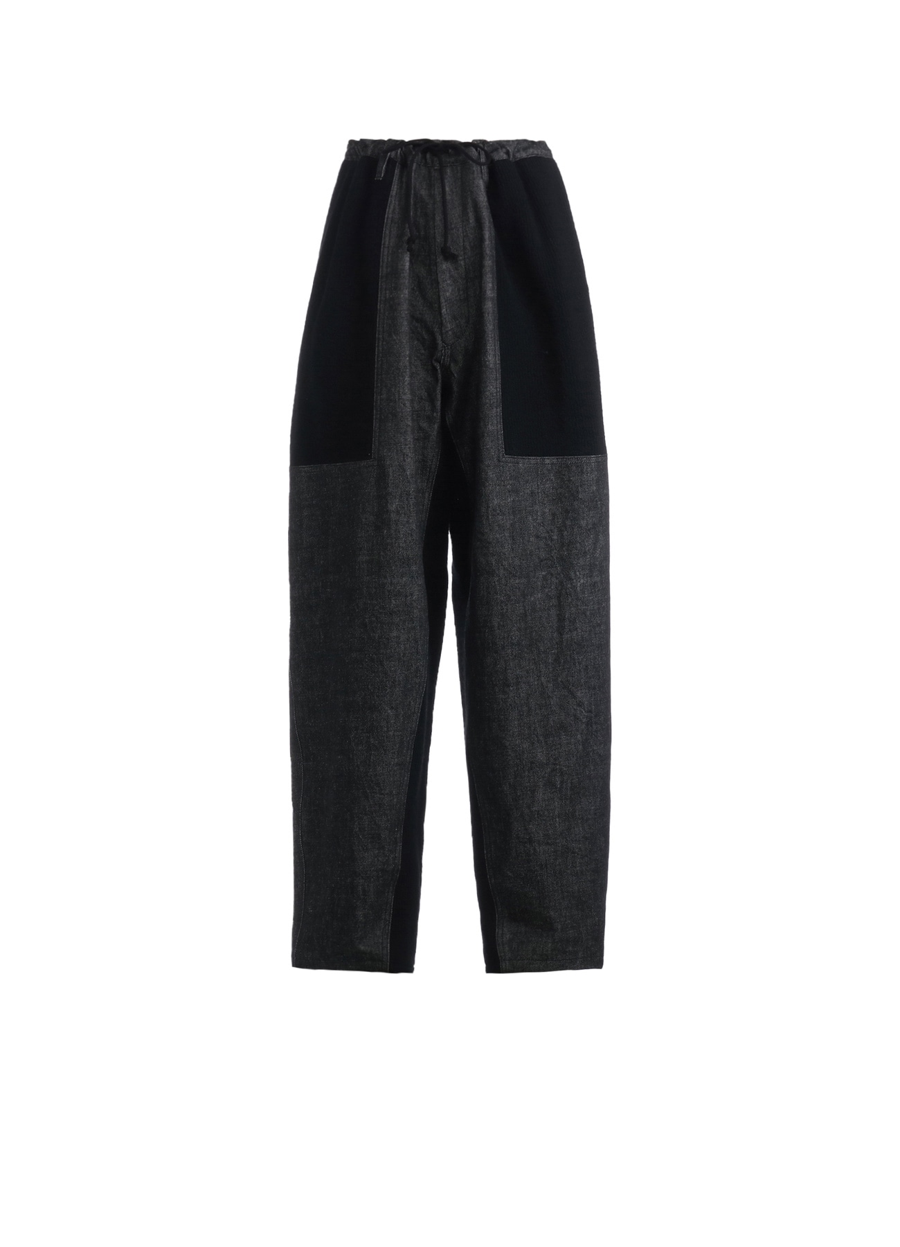 BLACK DENIM +WOOL JERSEY RIB WAIST STRING PANTS