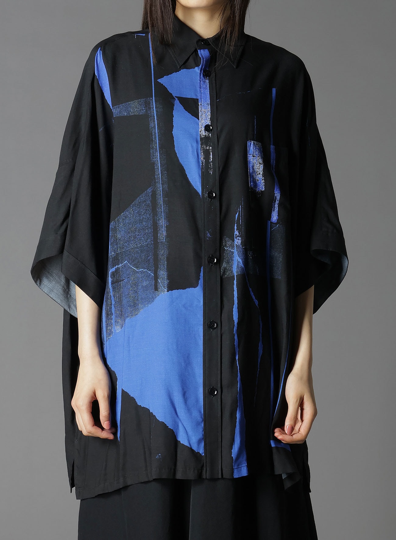 RAYON PRINT TORN PATTERN FRONT DOLMAN BIG SHIRT SHORT SLEEVES