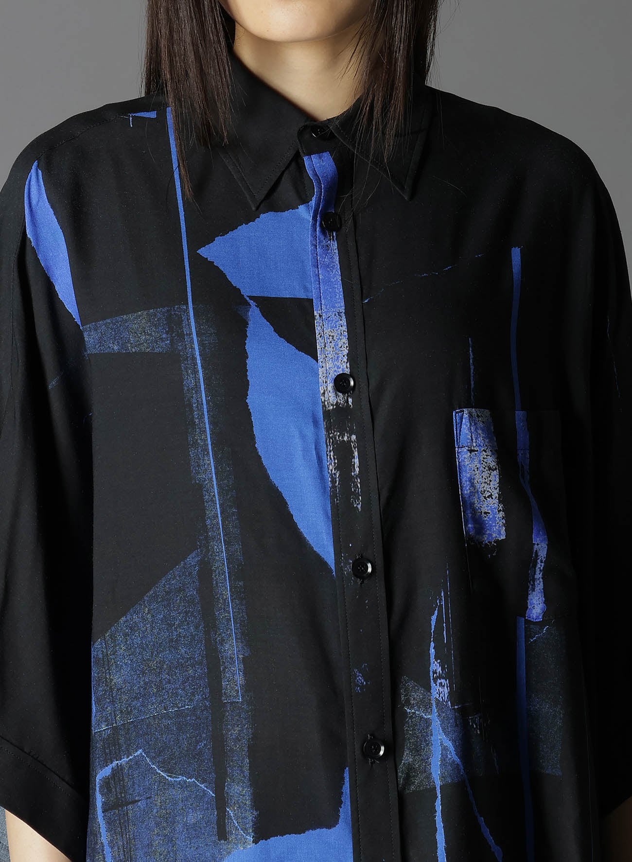 RAYON PRINT TORN PATTERN FRONT DOLMAN BIG SHIRT SHORT SLEEVES