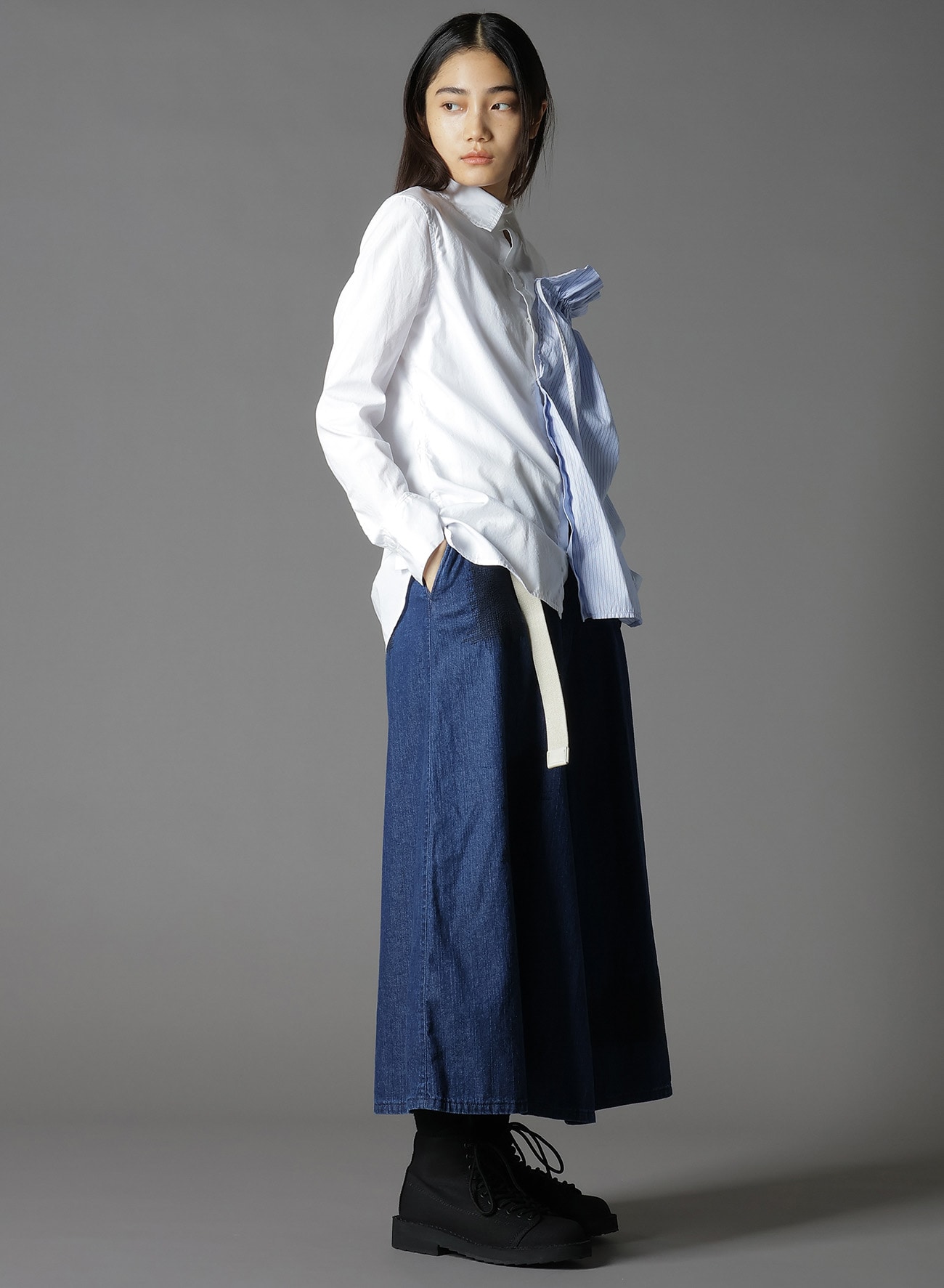 COTTON BROAD +  STRIPE  SWITCHING GATHER SHIRTS