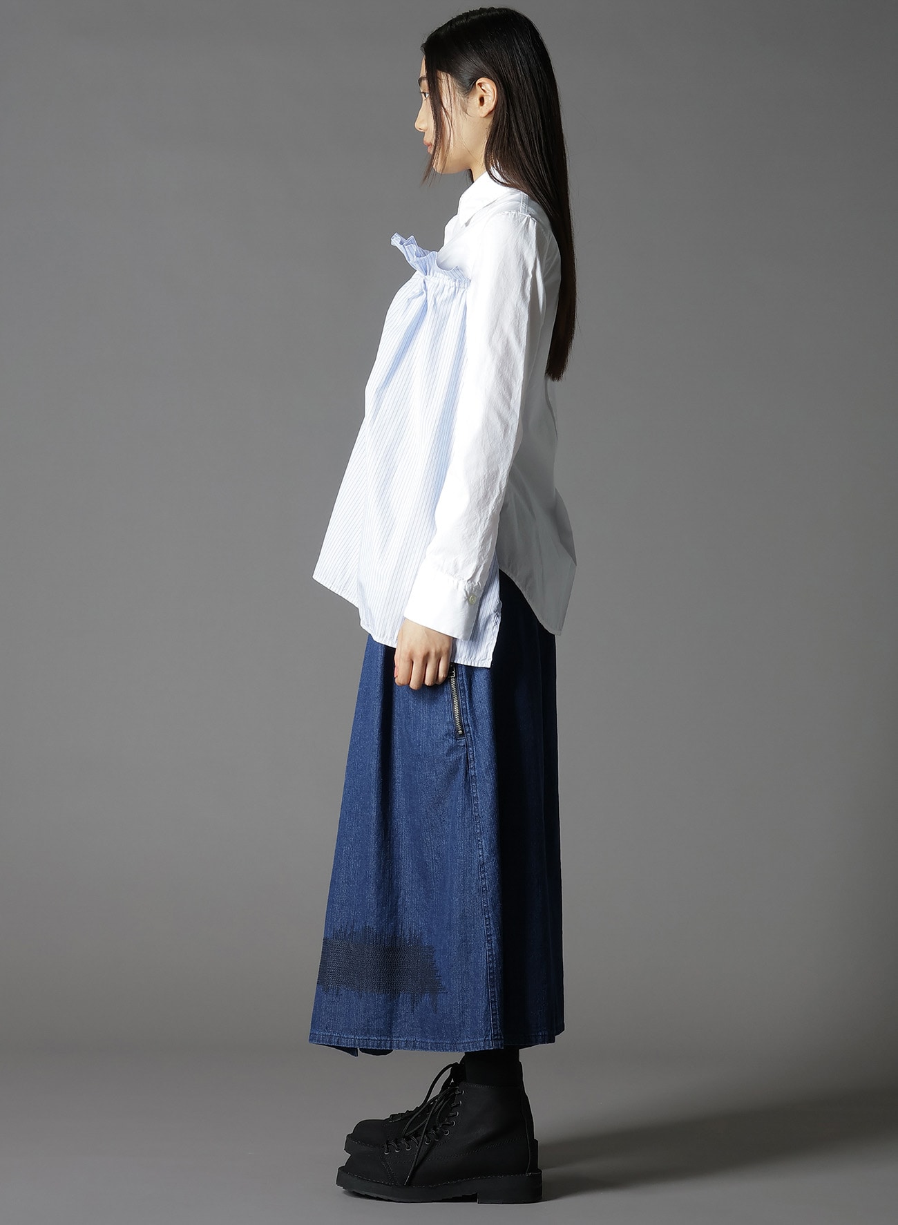 COTTON BROAD +  STRIPE  SWITCHING GATHER SHIRTS