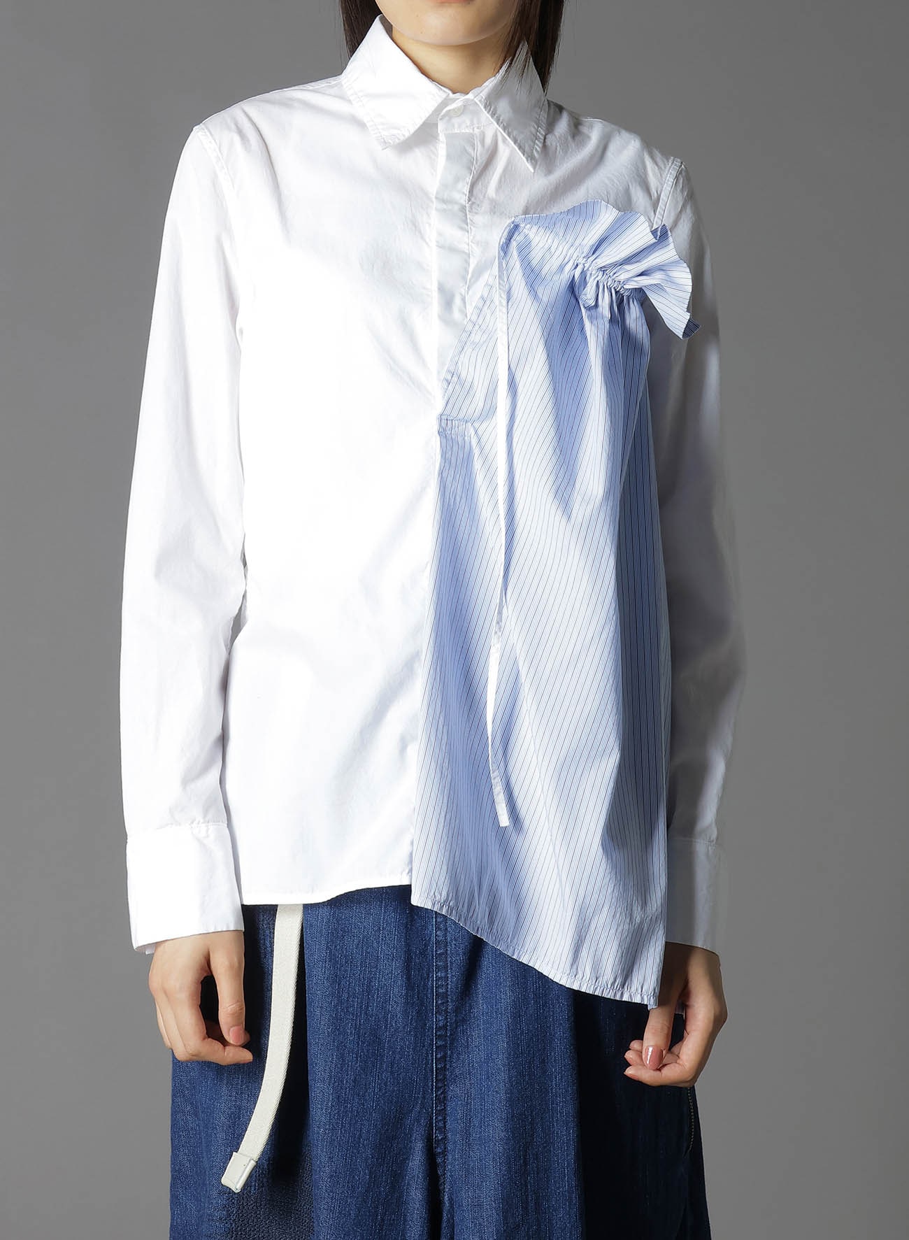 COTTON BROAD +  STRIPE  SWITCHING GATHER SHIRTS