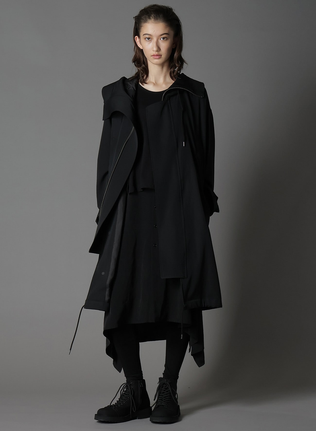 WOOL GABARDINE HIGH NECK HOODED MODS COAT