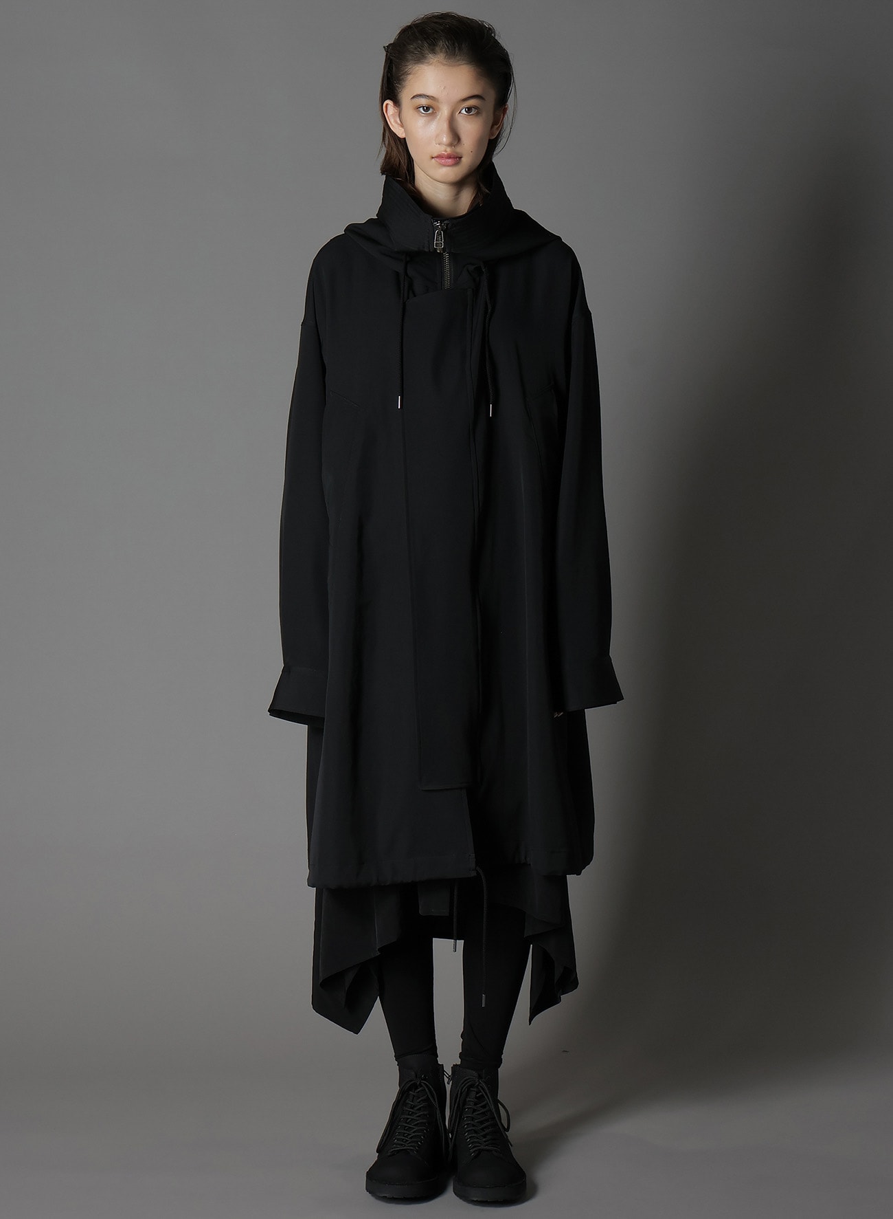 WOOL GABARDINE HIGH NECK HOODED MODS COAT