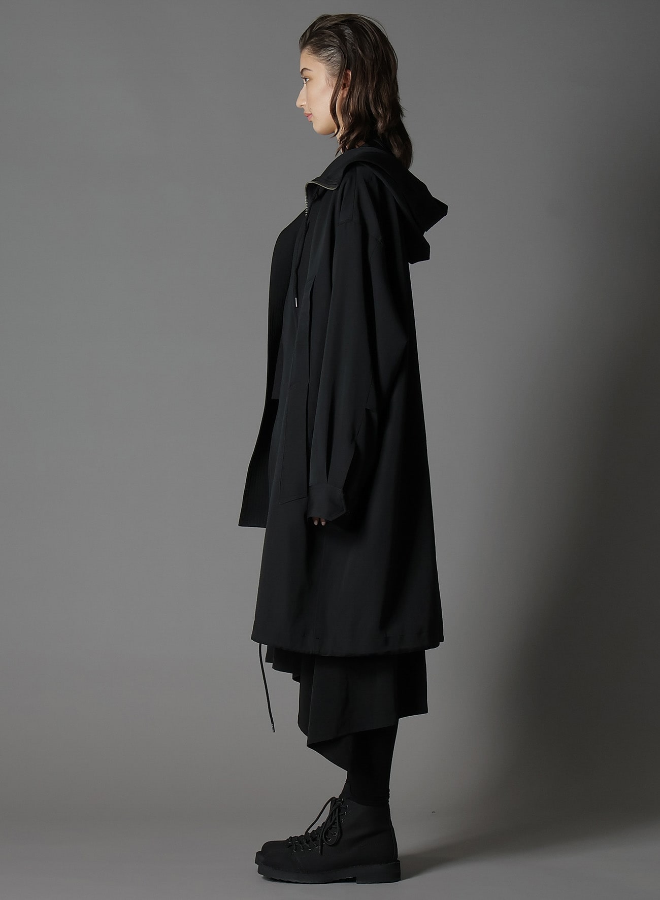 WOOL GABARDINE HIGH NECK HOODED MODS COAT