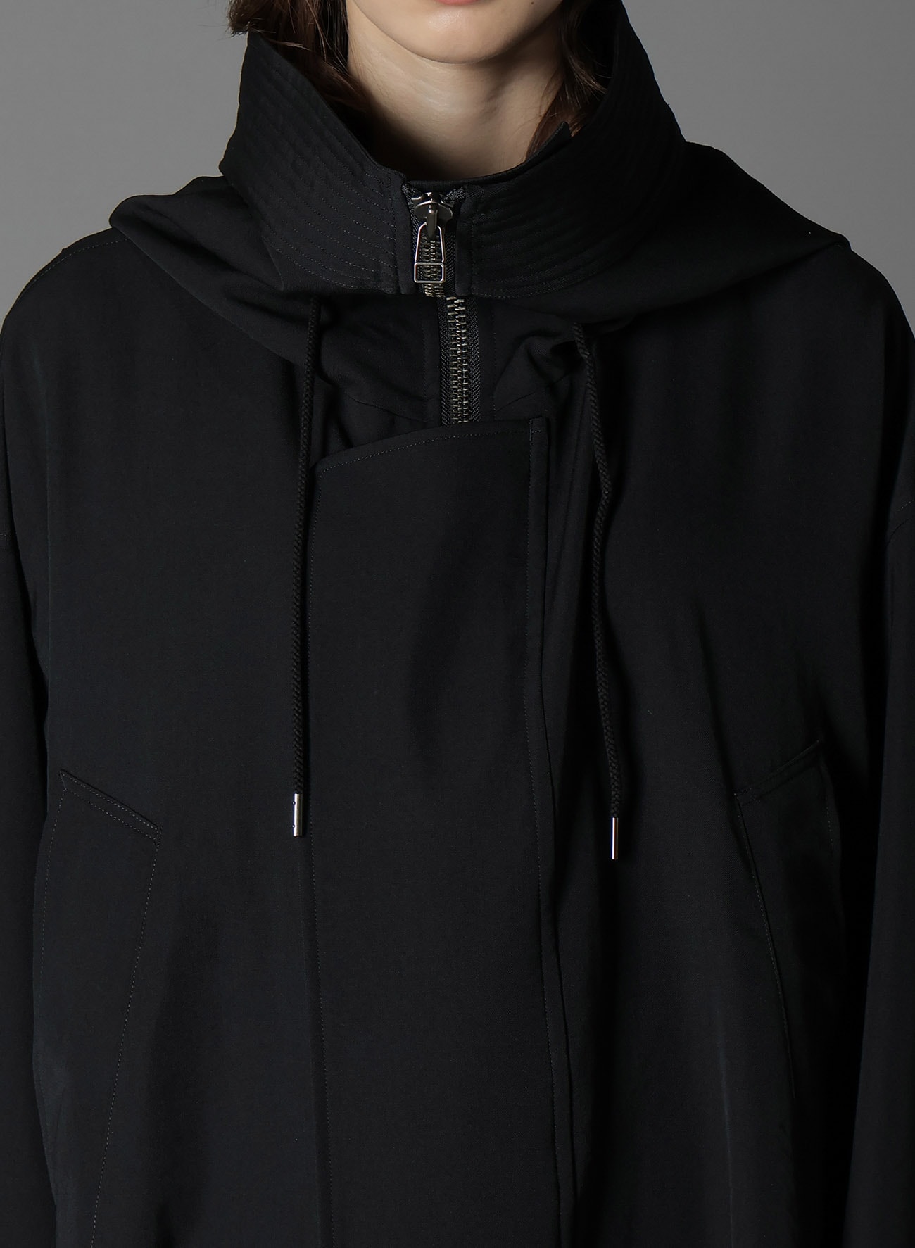 WOOL GABARDINE HIGH NECK HOODED MODS COAT