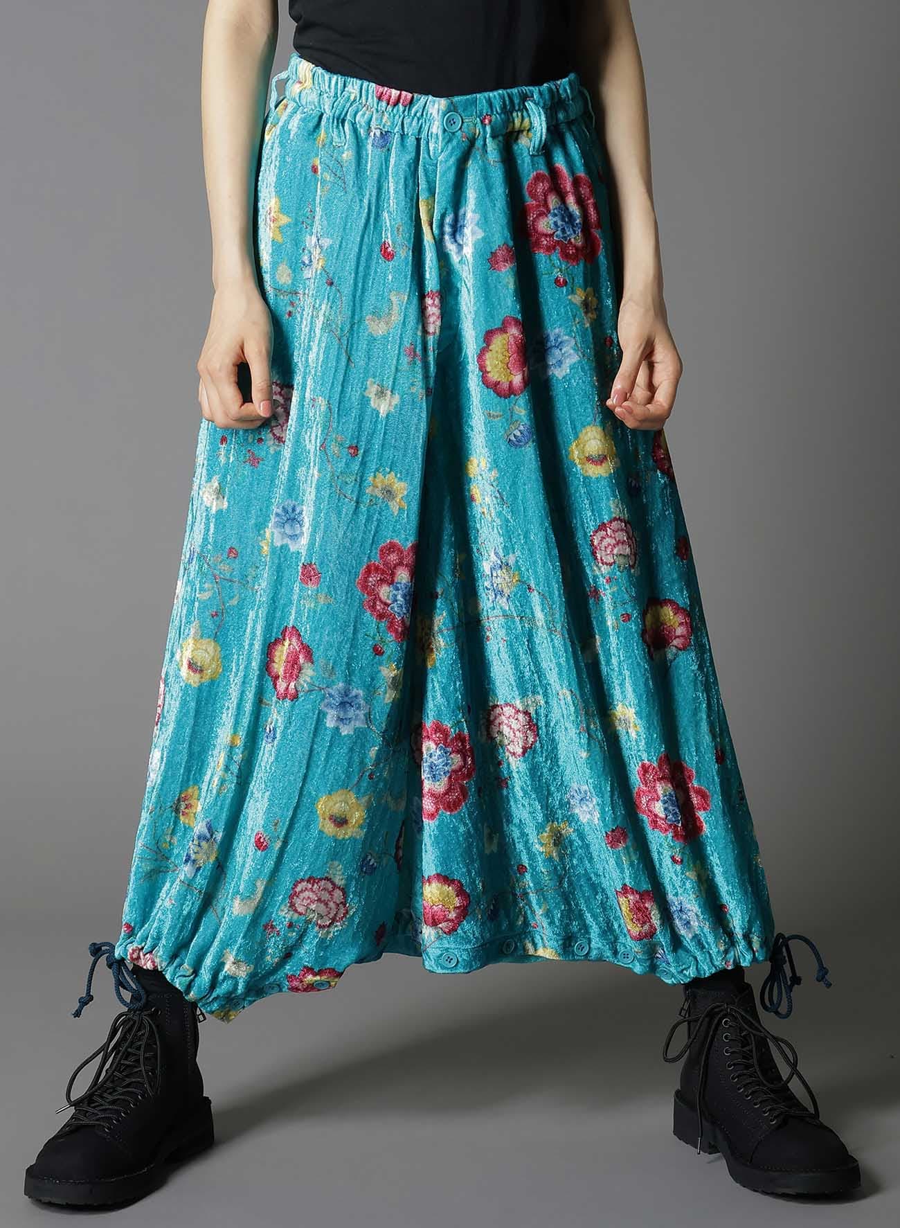 【1/17 10:00 Release】RAYON VELVET PRINT CHINESE FLOWER INSEAM BUTTON SAROUEL PANTS