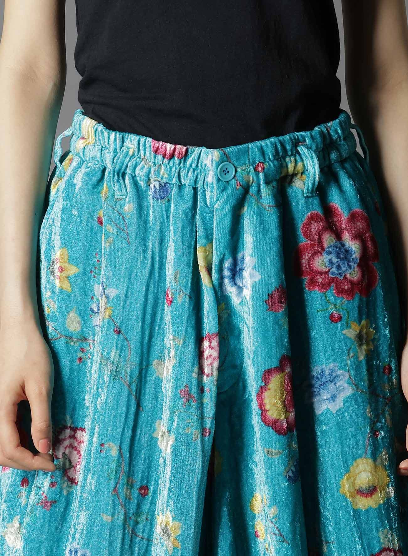 【1/17 10:00 Release】RAYON VELVET PRINT CHINESE FLOWER INSEAM BUTTON SAROUEL PANTS