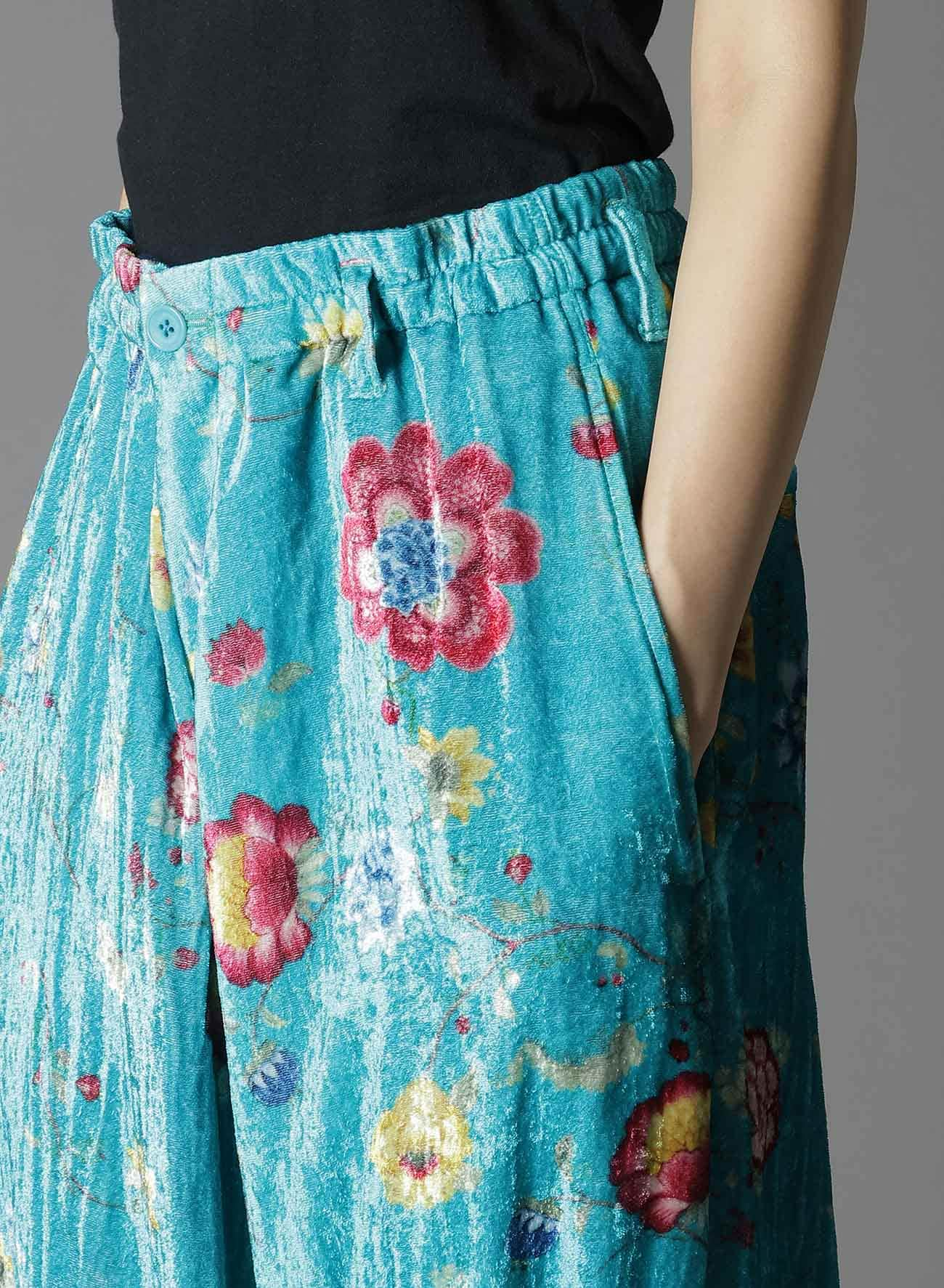 【1/17 10:00 Release】RAYON VELVET PRINT CHINESE FLOWER INSEAM BUTTON SAROUEL PANTS