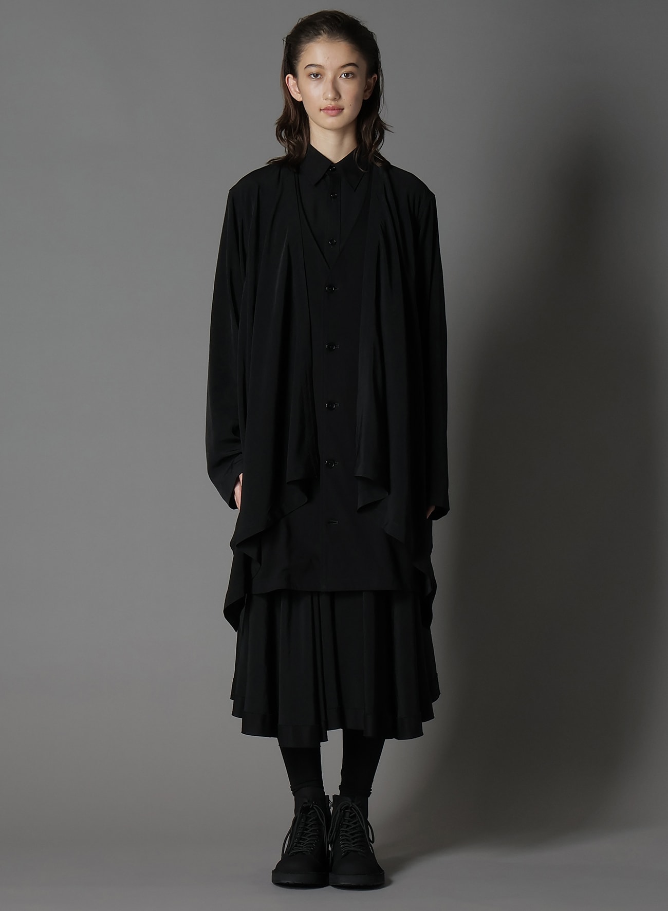 SILICON JERSEY+ CREPE DE CHINE FRONT DOUBLE FLOUNCE T-SHIRT