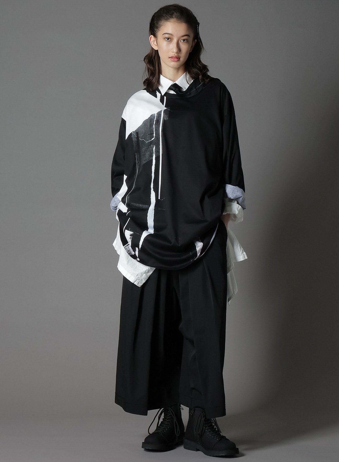 COTTON JERSEY TORN PATTERN HEM ROUND JUMBO T-SHIRT LONG SLEEVES