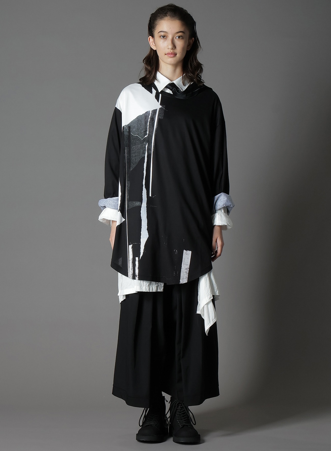 COTTON JERSEY TORN PATTERN HEM ROUND JUMBO T-SHIRT LONG SLEEVES