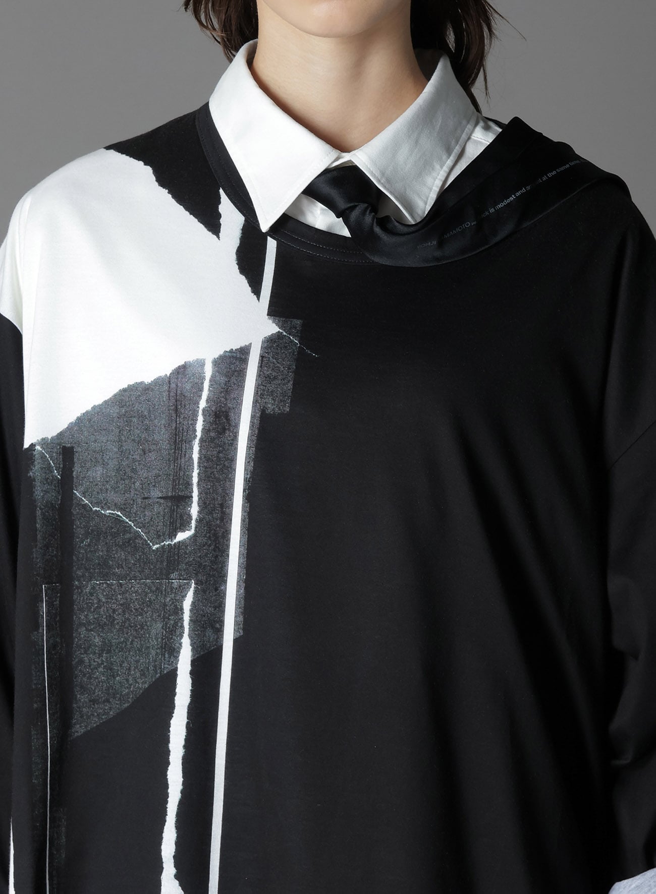 COTTON JERSEY TORN PATTERN HEM ROUND JUMBO T-SHIRT LONG SLEEVES