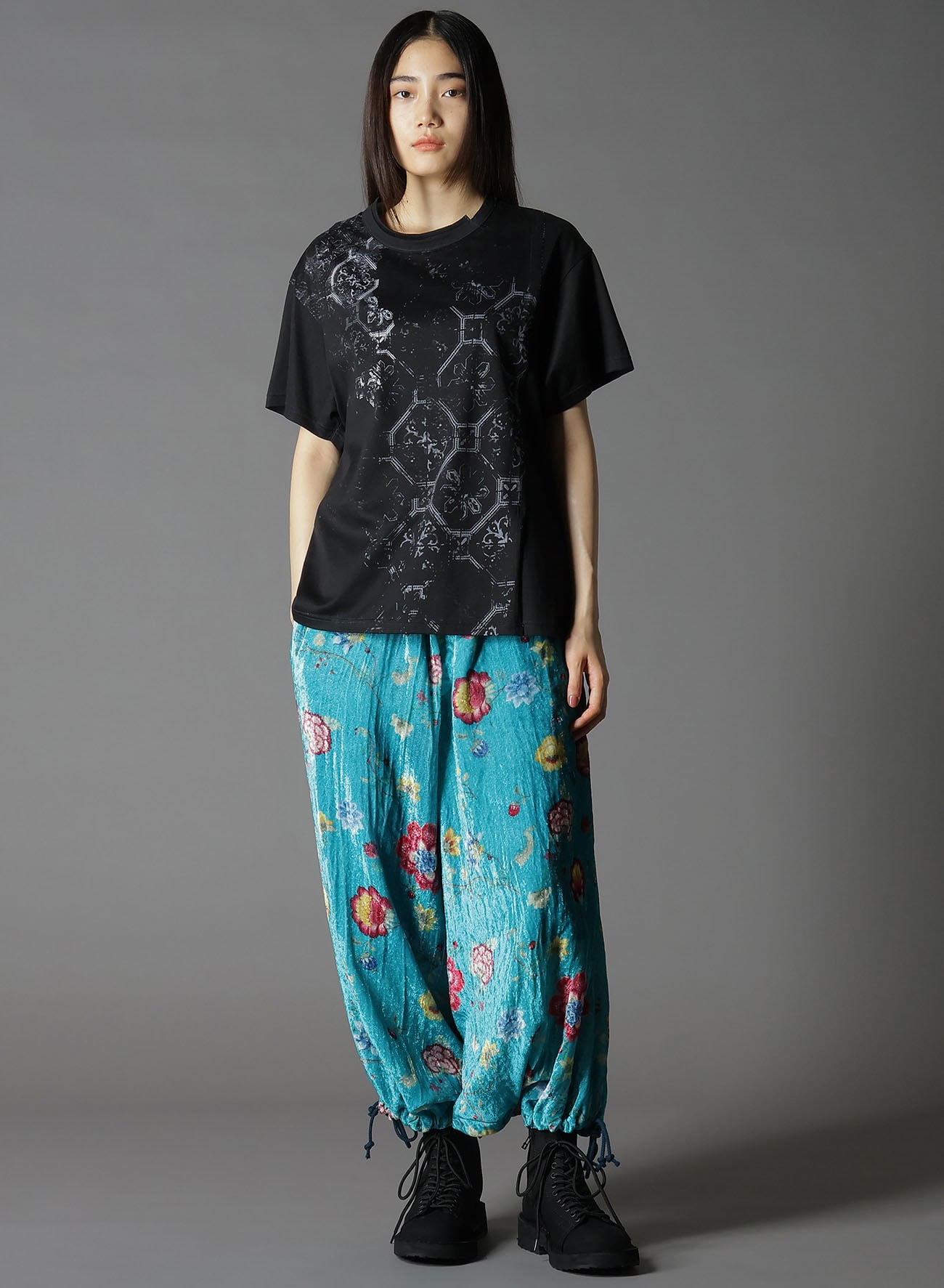 COTTON JERSEY TILE PATTERN T-SHIRT MIX TIERED T-SHIRT