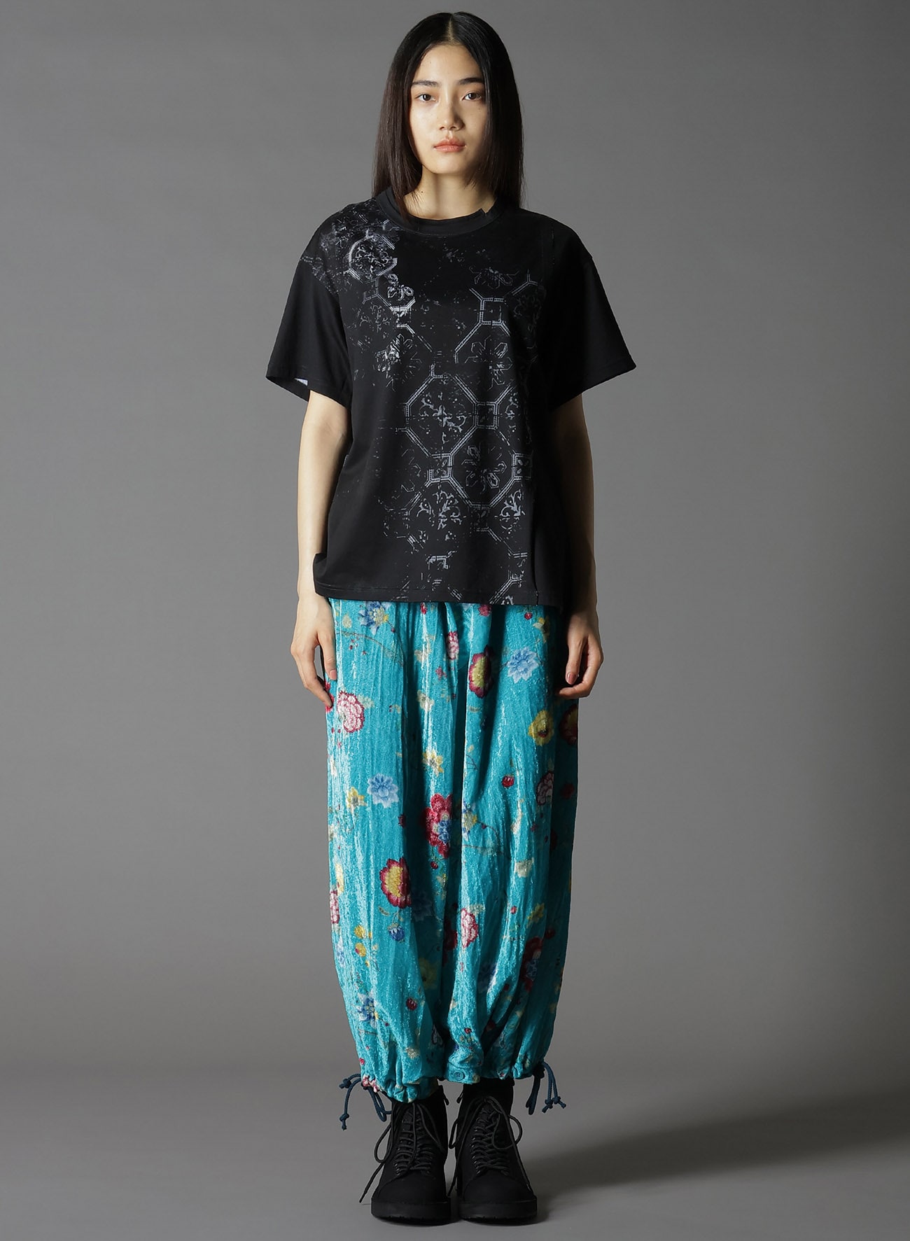 COTTON JERSEY TILE PATTERN T-SHIRT MIX TIERED T-SHIRT
