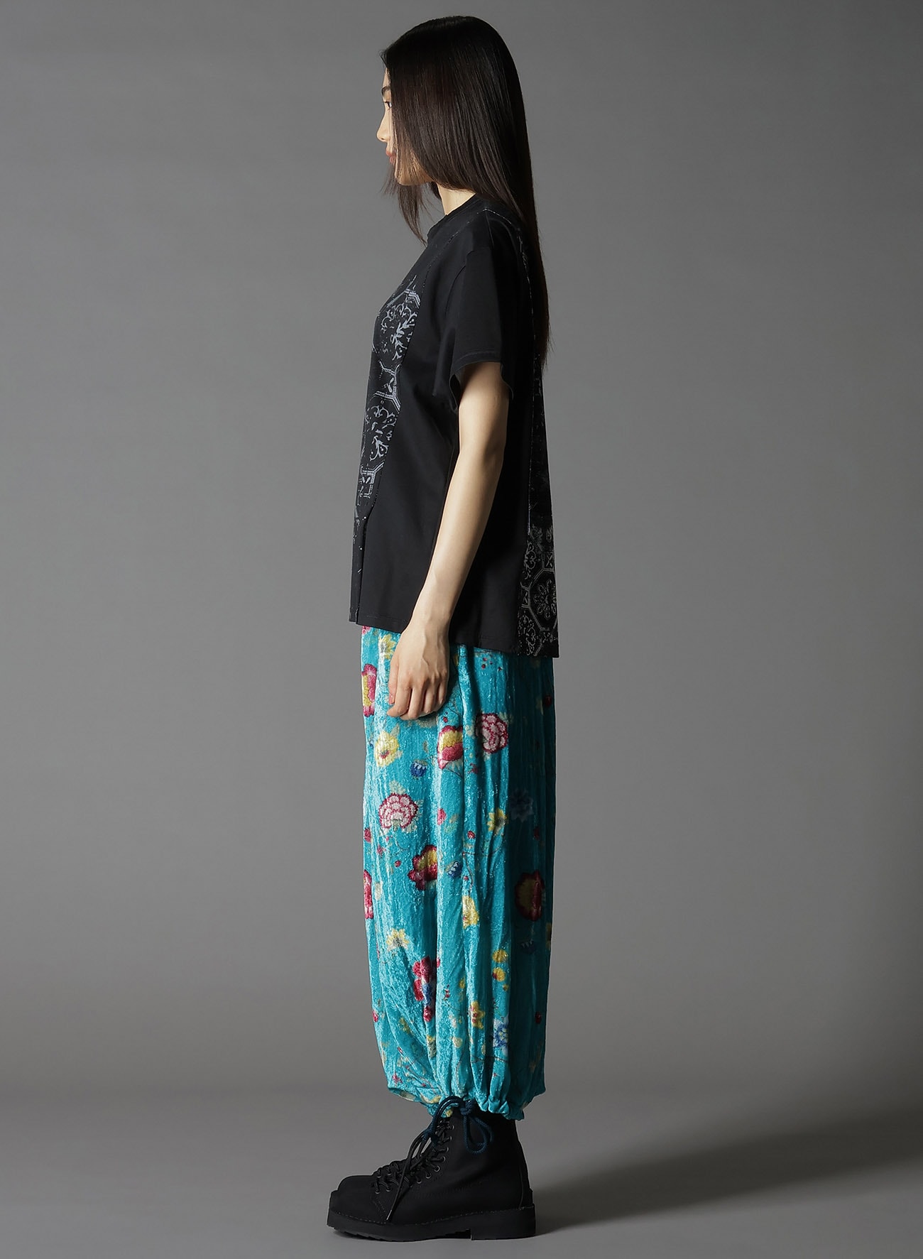 COTTON JERSEY TILE PATTERN T-SHIRT MIX TIERED T-SHIRT