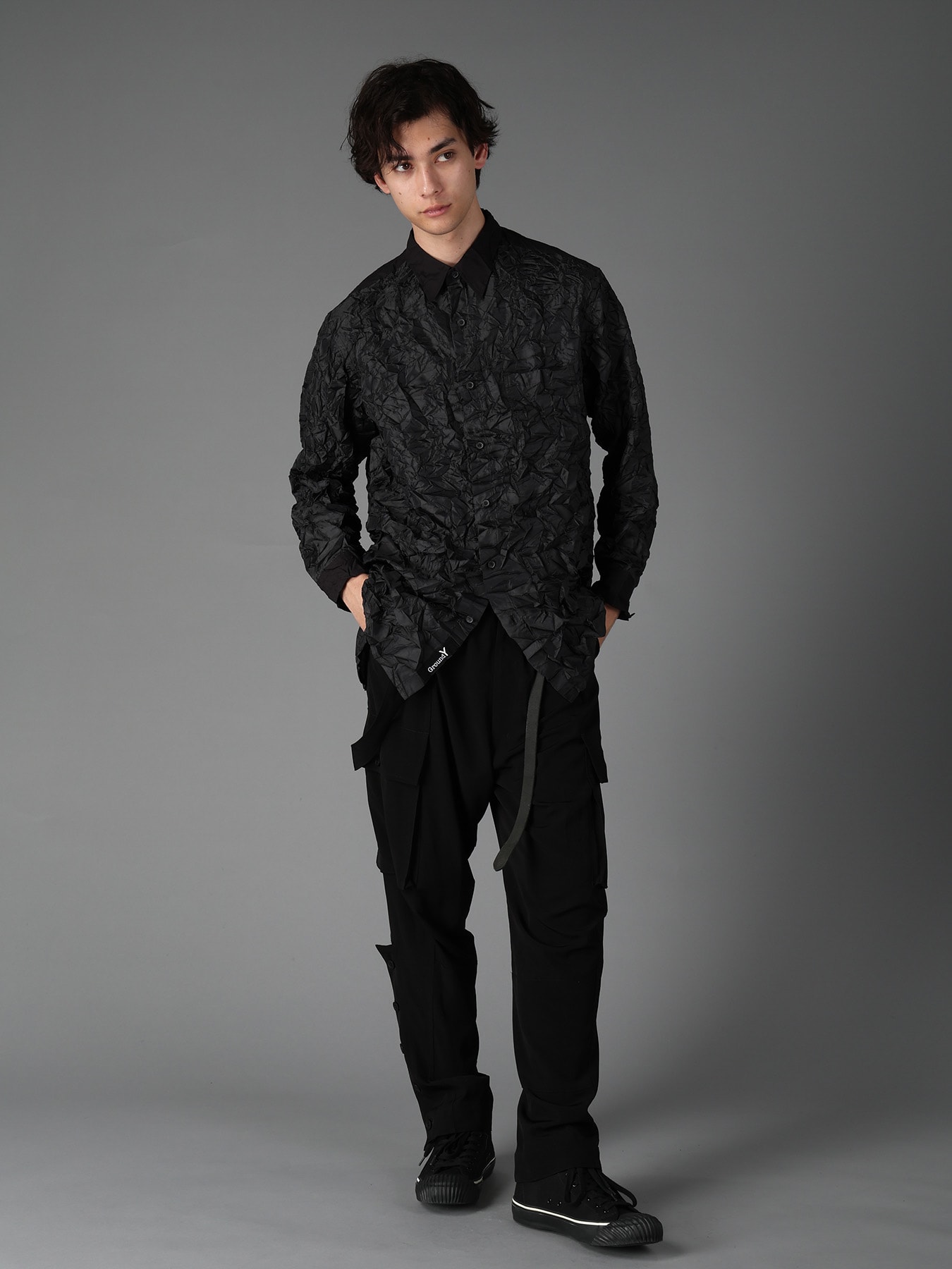 CRUSHED FABRIC LONG SLEEVE SHIRT-BLACK