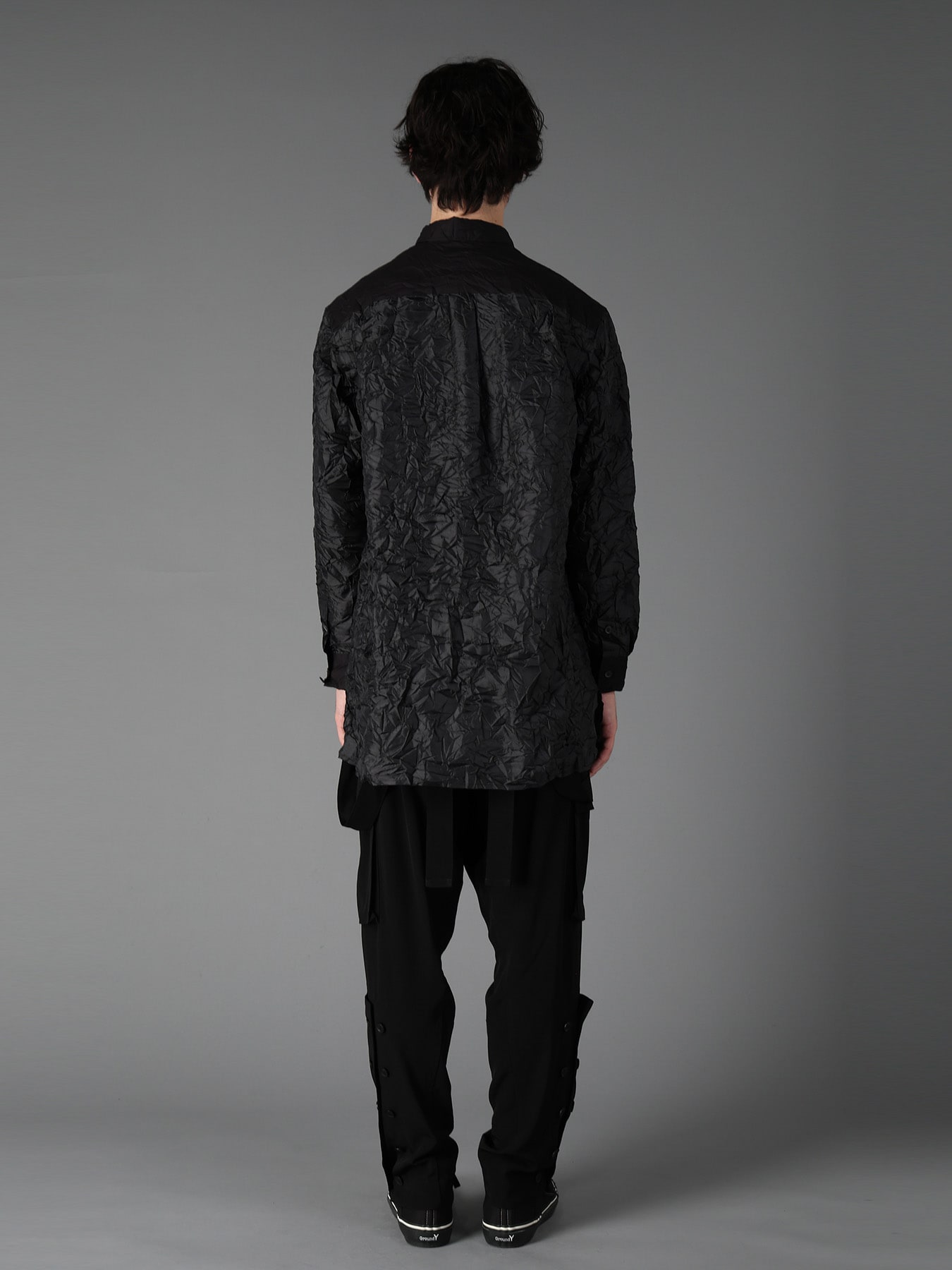 CRUSHED FABRIC LONG SLEEVE SHIRT-BLACK