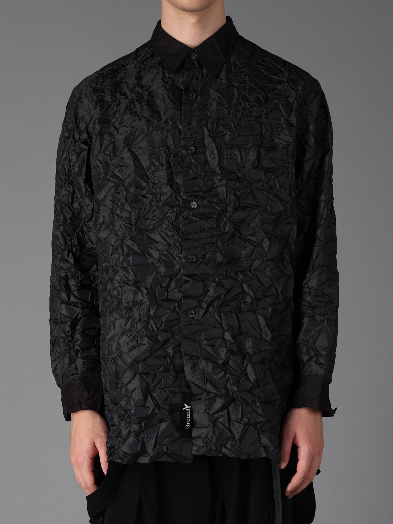 CRUSHED FABRIC LONG SLEEVE SHIRT-BLACK