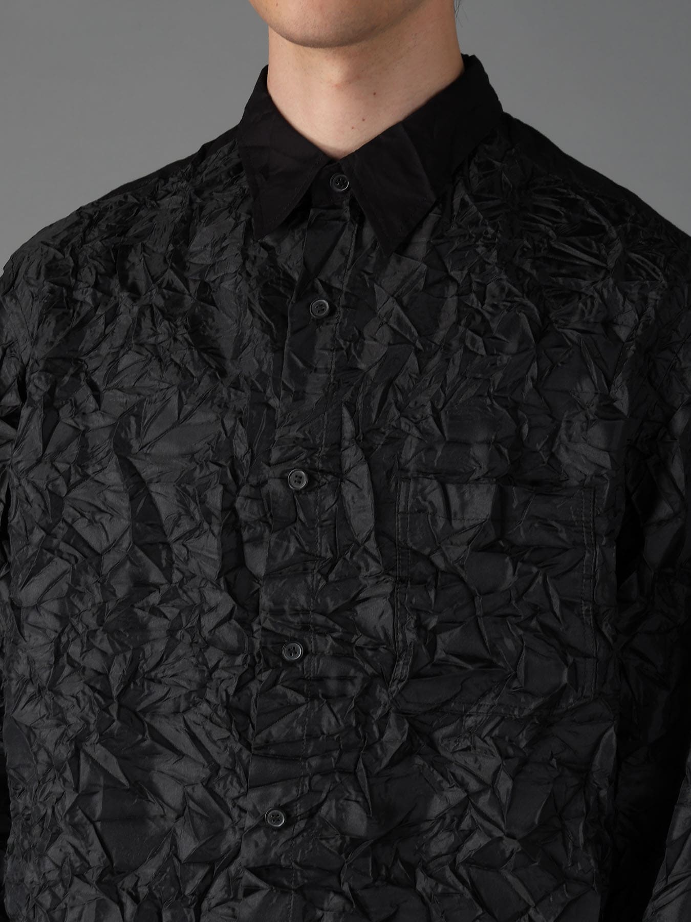 CRUSHED FABRIC LONG SLEEVE SHIRT-BLACK