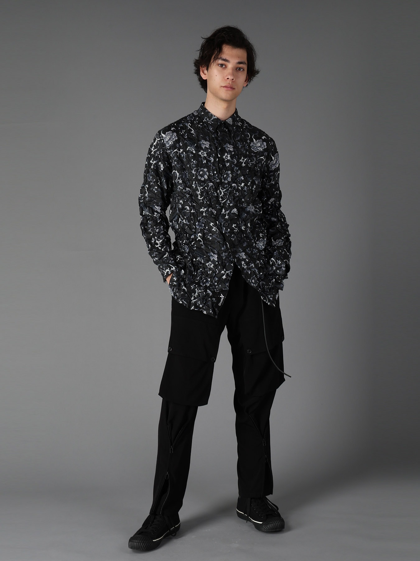 CRUSHED FABRIC BOTANICAL ARABESQUE PRINT SHIRT