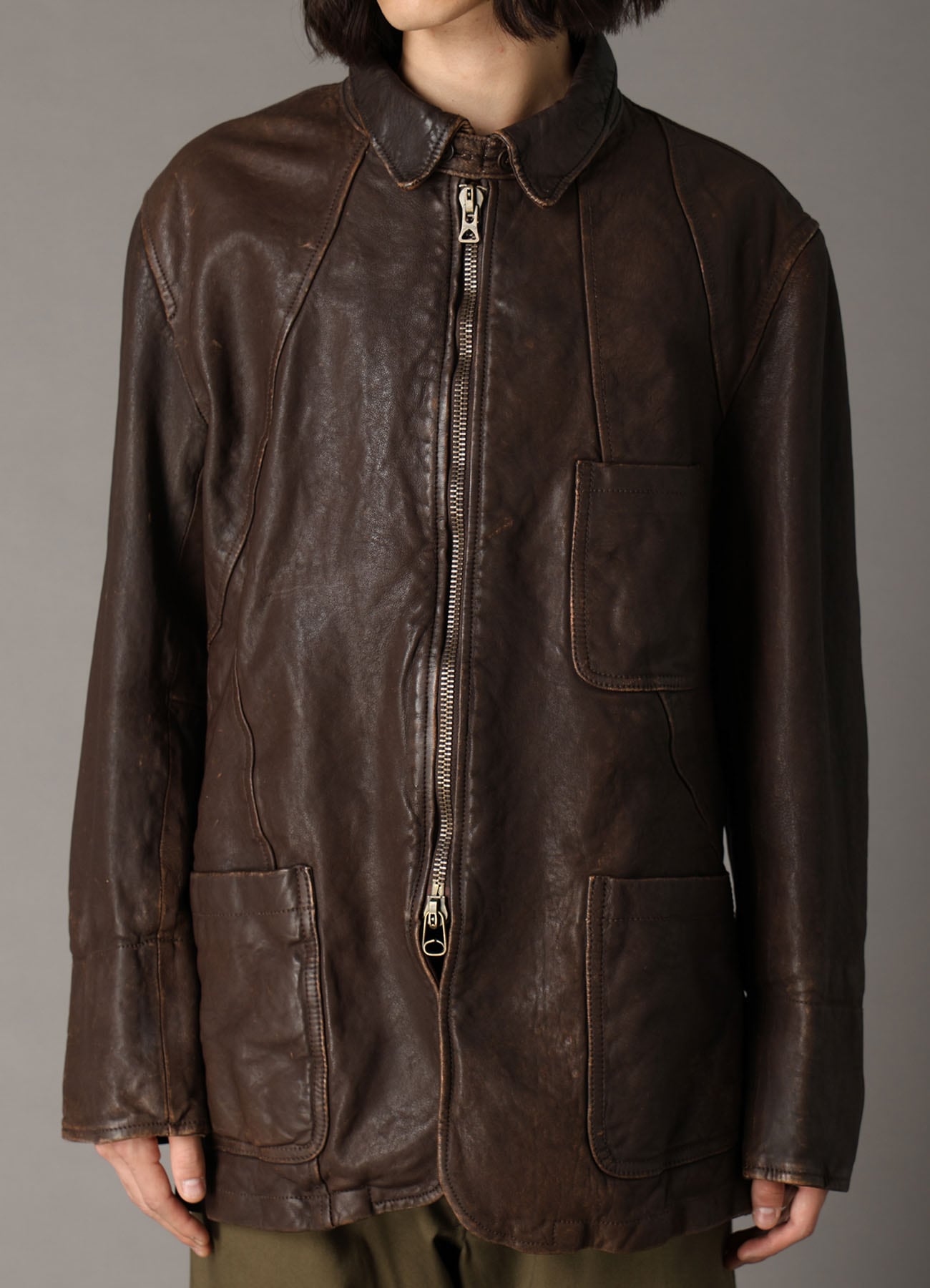 SHEEP LEATHER FRONT OPEN PANAL JACKET