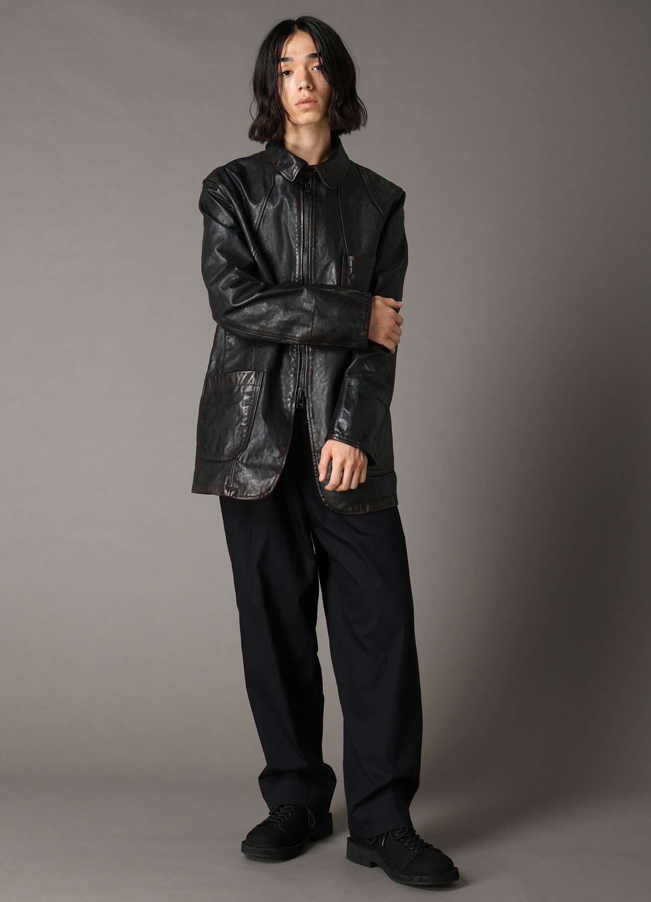 HORSE LEATHER FRONT OPEN PANAL JACKET