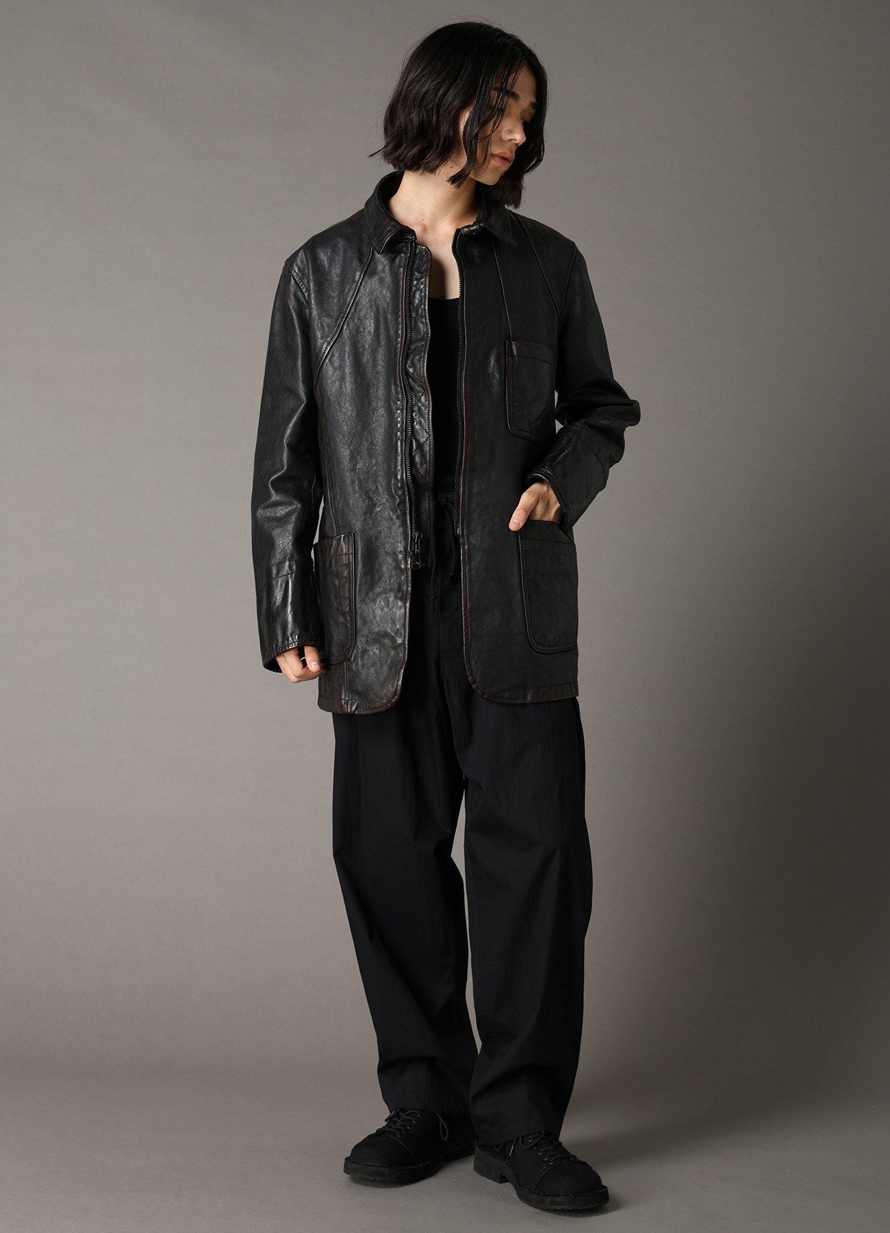 HORSE LEATHER FRONT OPEN PANAL JACKET