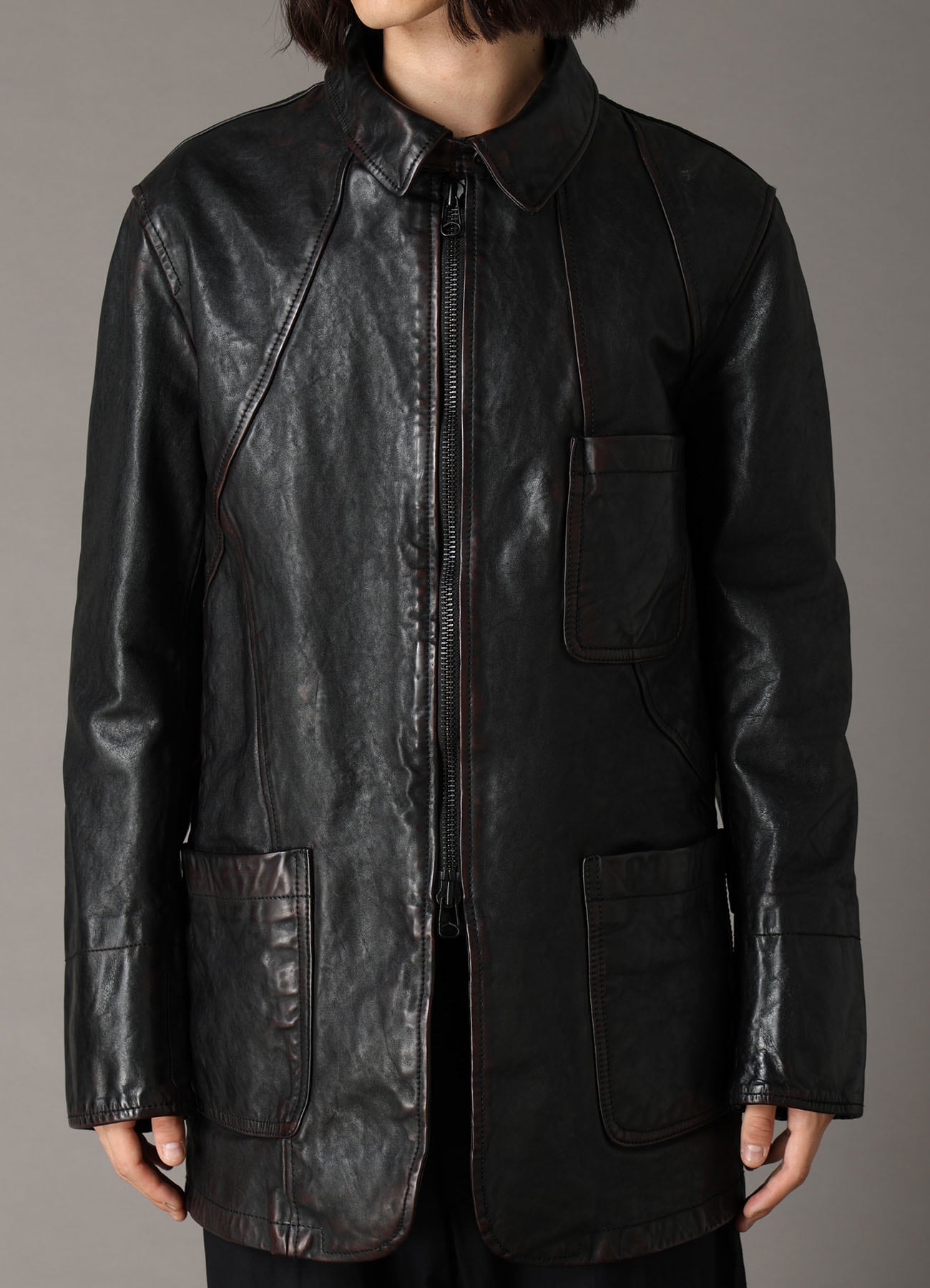 HORSE LEATHER FRONT OPEN PANAL JACKET