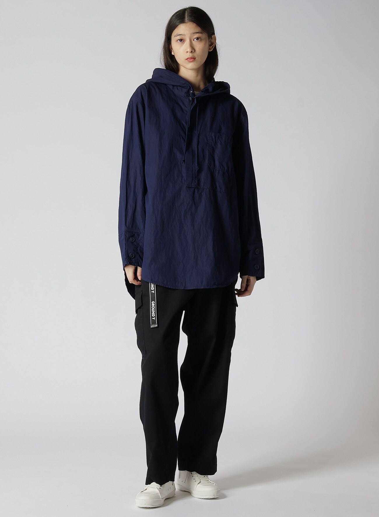 NY/C CROSS HOODIE BIG SHIRT(FREE SIZE NAVY): Ground Y｜THE SHOP 