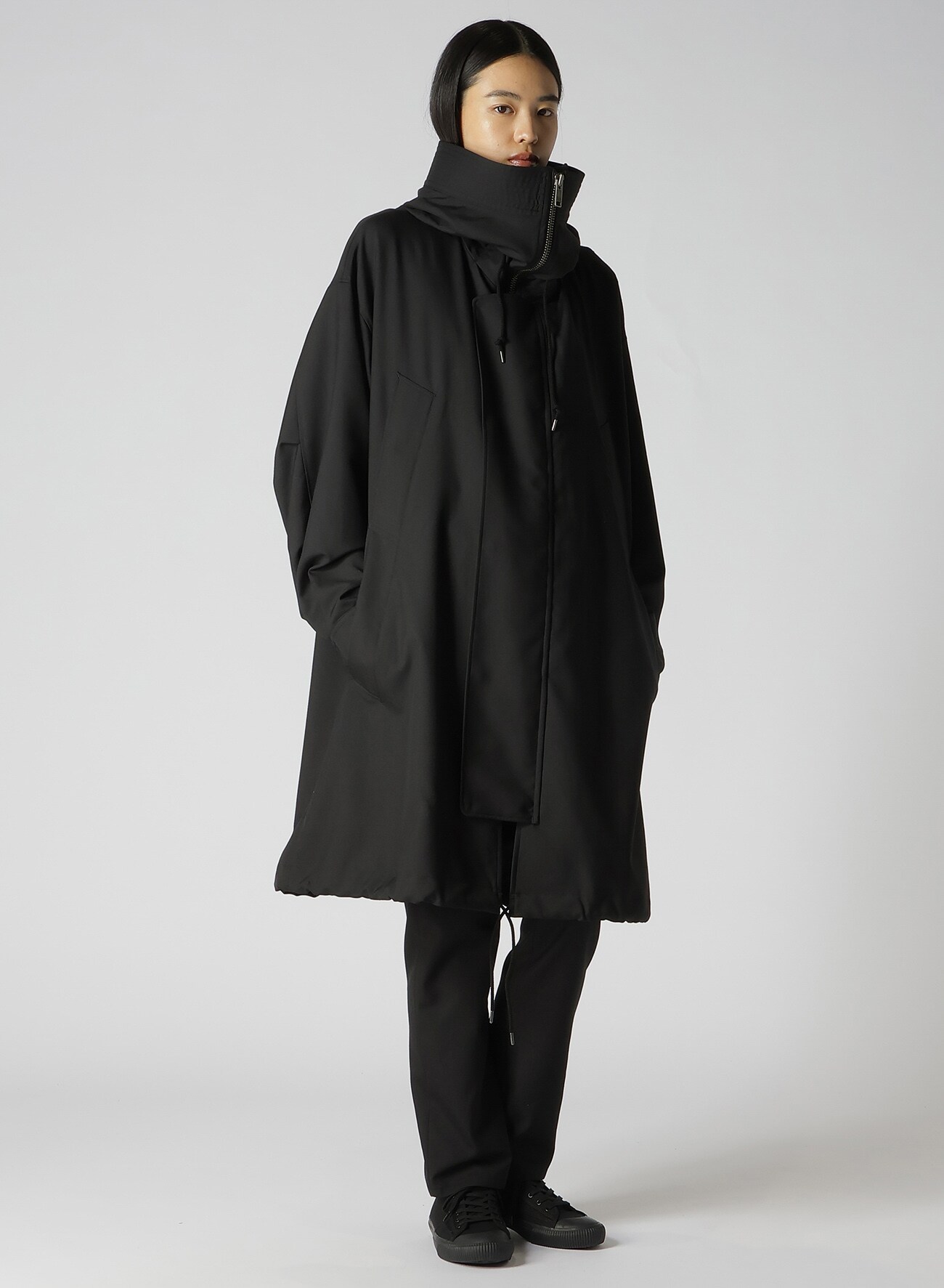 WOOL/POLYESTER GABARDINE HIGH NECK HOODED MODS COAT