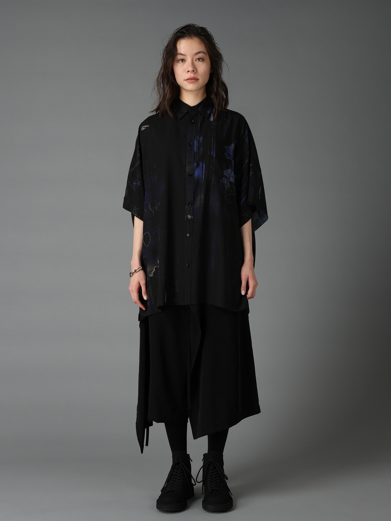 RAYON FLORAL STRIPED FRONT DOLMAN BIG SHIRT