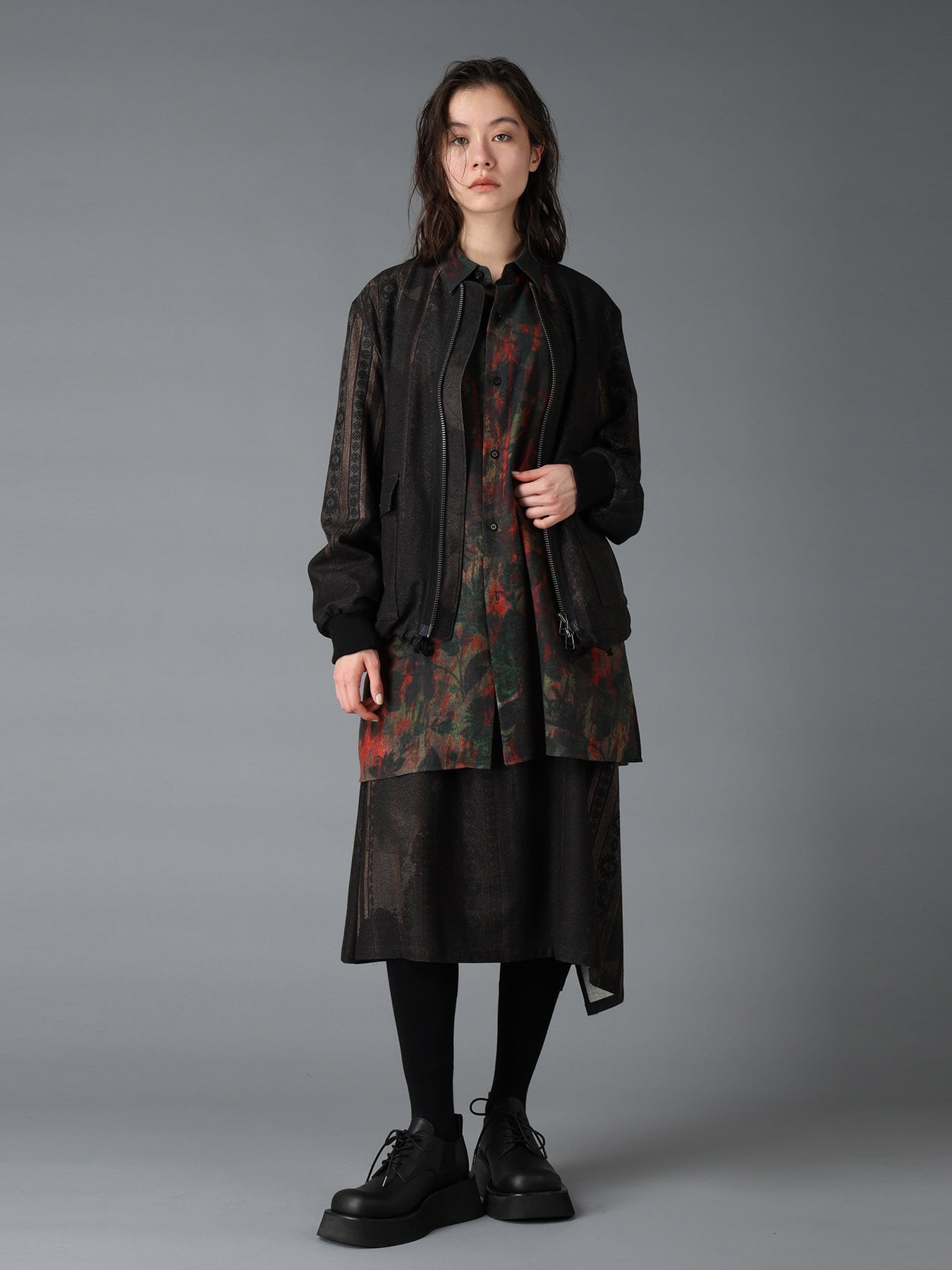 COTTON WOOL VIYELLA SHADOW FLORAL PATTERN DOLMAN SHIRT
