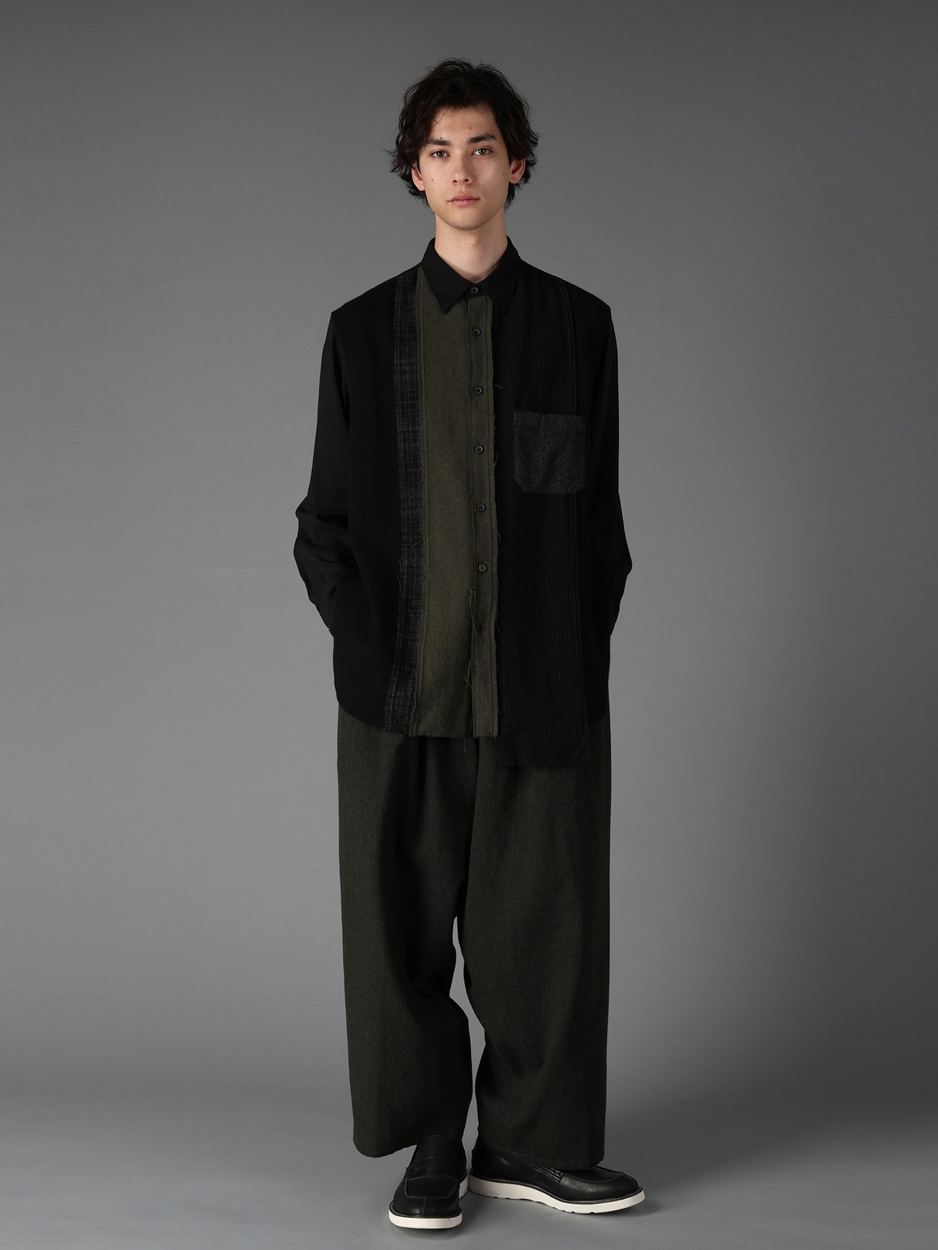 SWITCHING MATERIAL PATCHWORK SHIRT